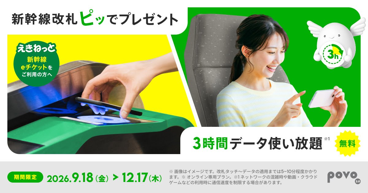 tdyutaka's tweet photo. やばい。新幹線乗る人！povo絶対いれておいて！

povo2.0アプリとSuicaを連携したら12月17日まで、新幹線のチケット購入後のタッチから3時間データ使い放題が無料でもらえる！！旅行でも大活躍だし助かるわこれ https://t.co/yRxyLFg0F5