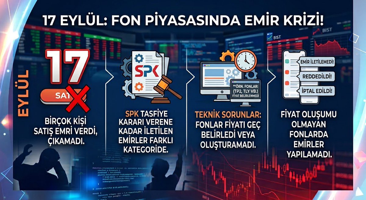 fireby500k's tweet photo. Piyasada birçok kişi 17 Eylül'de satış emri vermesine rağmen ne yazık ki çıkış yapamadı. SPK tasfiye kararı verene kadar iletilen emirleri farklı bir kategoriye aldı.
Emir iptallerinin arkasında aslında teknik bir neden var: Birçok fon ayın 16'sında fiyat belirlerken, 17'sinde fiyatlamayı geç yaptı. Hatta bazı fonlarda (TP2, TLY vb.) güncel fiyat hiç belirlenemedi. Emir iletiminde sorun yaşayan ve "iletilemedi" hatası alan kesim genellikle bu fonlardaki yatırımcılar oldu.
Elbette 17 Eylül'de emri başarıyla iletilen yatırımcılar da mevcut. Ancak iletilemeyen, reddedilen veya iptal edilen emirler çoğunlukla fiyat oluşumu gerçekleşmeyen ve güncel fiyatı belirlenemeyen fonlarda yaşandı.