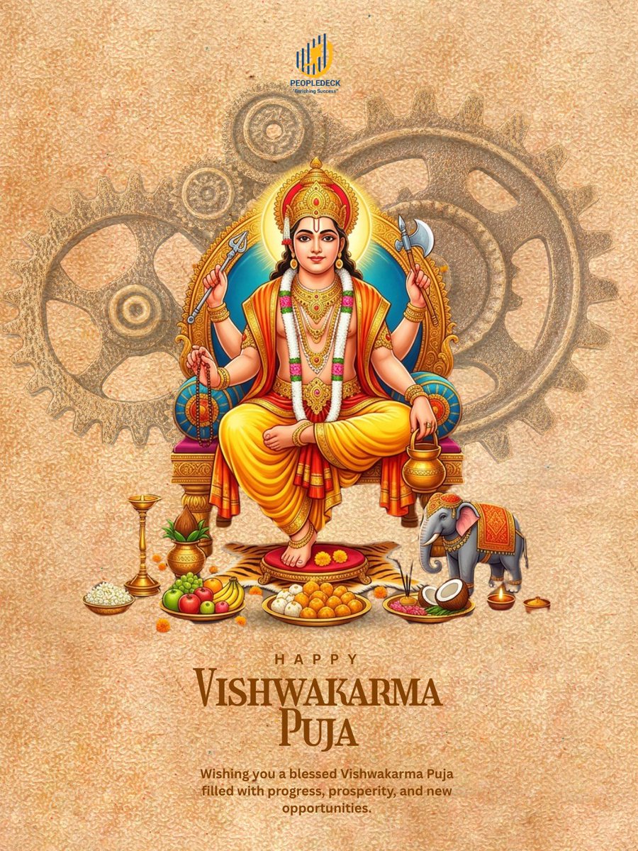 _Peopledeck_'s tweet photo. 🛠️✨ Happy Vishwakarma Puja! 🙏

Celebrating Lord Vishwakarma—the symbol of skill, craftsmanship, innovation &amp; creation.
May every hand be skilled, every idea creative, and every endeavour prosperous. 🌼
#BiswakarmaPuja #VishwakarmaPuja #Innovation #Peopledeck https://t.co/tPuQQHnG8D