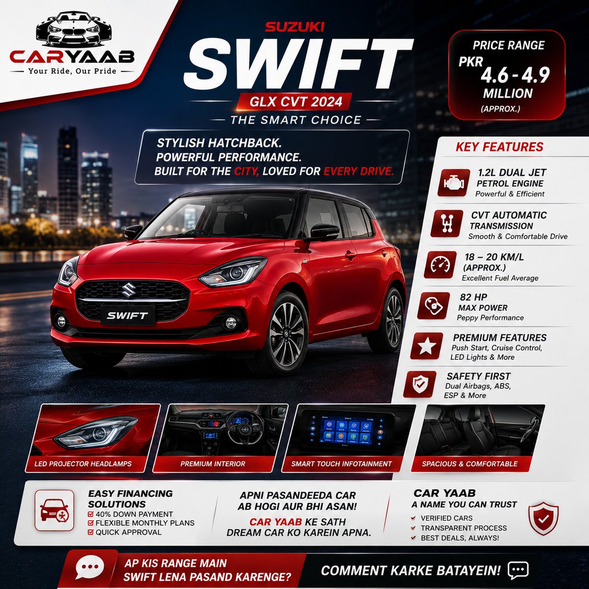 DoreathaShym's tweet photo. Style, power, and comfort—all in one hatchback! The 2024 Suzuki Swift GLX CVT is the smart choice for city driving, offering great performance and 18–20 km/L fuel economy. Available with 40% down payment and flexible monthly plans. https://t.co/EKLl80YEgC