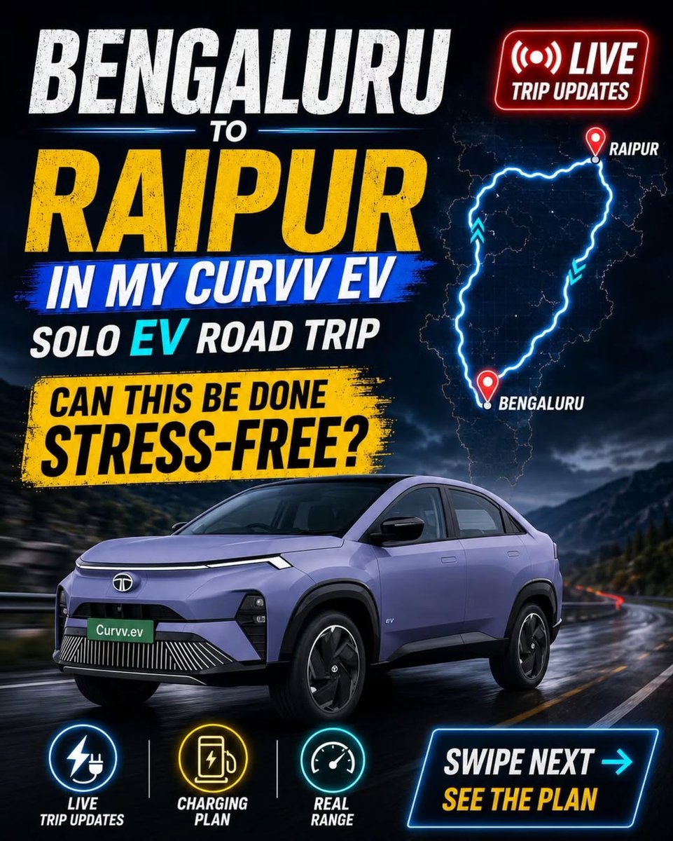 ArdithWergxis's tweet photo. Can one EV complete a 3, 383 km solo road trip without every charging stop becoming a crisis? I’m taking my Tata Curvv EV 55 kWh from Bengaluru to Raipur via Hyderabad and Nagpur, then returning via Bhubaneswar, Visakhapatnam and Nellore. What will https://t.co/NzwUcf5JBS