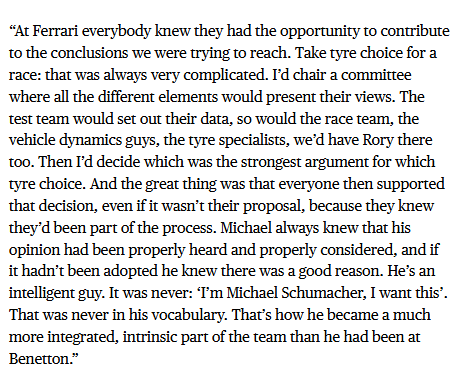 liv16_liv's tweet photo. Ross Brawn on Schumacher, April 2007. Highly recommended reading for those so fond of making inappropriate comparisons. Brawn’s words show that leadership isn’t about portraying yourself as the saviour. It’s about respecting the people around you and the team structure https://t.co/tsdguxZ7GS