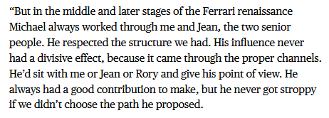 liv16_liv's tweet photo. Ross Brawn on Schumacher, April 2007. Highly recommended reading for those so fond of making inappropriate comparisons. Brawn’s words show that leadership isn’t about portraying yourself as the saviour. It’s about respecting the people around you and the team structure https://t.co/tsdguxZ7GS
