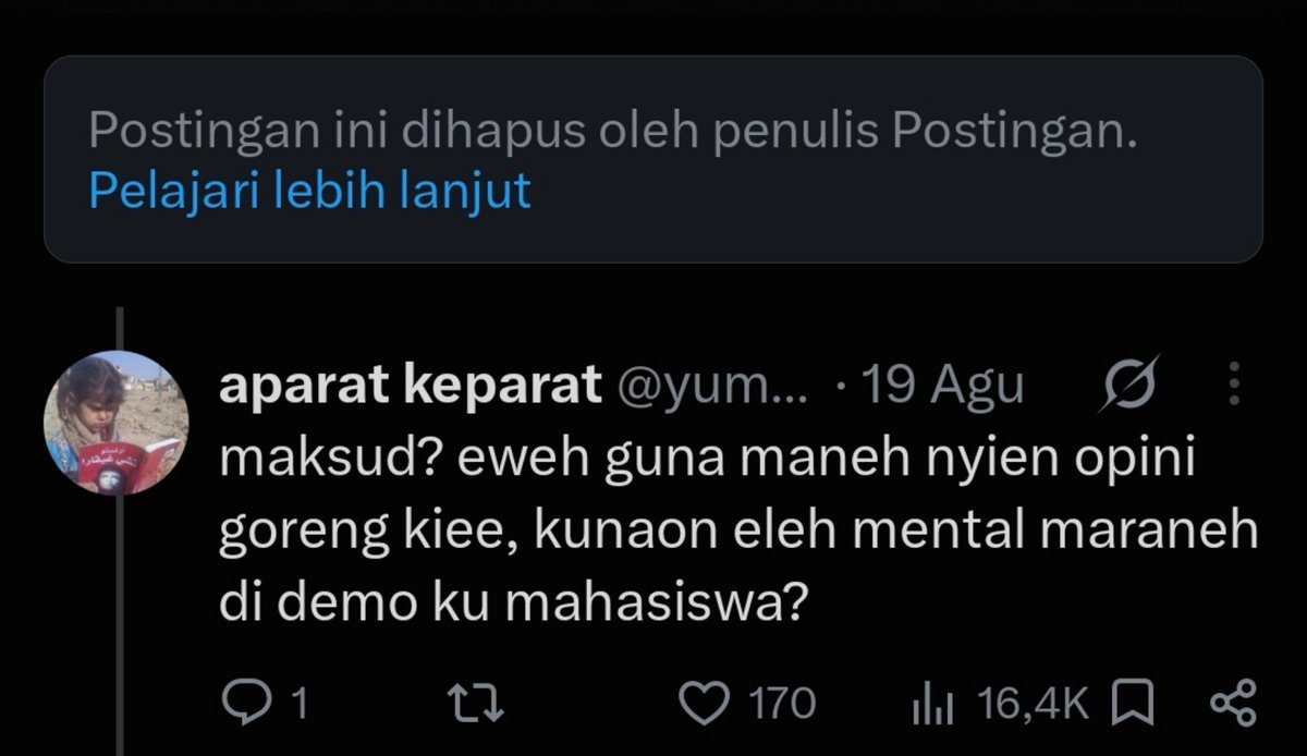 Offfff_line's tweet photo. @usabperning_ Ulah asa pang enya na hirup.
Di dinya asa sering pisan nyieun postingan bernada provokasi yg kemudian dihapus, postingan bernada sinis  yg kemudian memancing kemarahan orang lain.
Alus nu kitu? https://t.co/gYYXRECuMQ