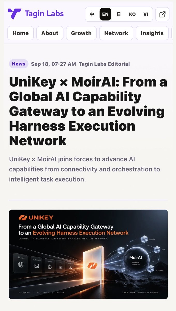 UniKey_EN's tweet photo. 🔥🔥🔥 UniKey AI Ecosystem Continues to Expand, Partnering with @MoirAI_SN115 MoirAI to Explore the Future of Intelligent Execution

🌐 From connecting AI capabilities to intelligent task execution, UniKey continues to advance global AI ecosystem collaboration and explore the development direction of next-generation intelligent infrastructure.

⭐️ Deep Focus｜Integration of AI Infrastructure and Agent Ecosystems
✅ UniKey has entered into a strategic partnership with MoirAI, an innovative project focused on AIGC and agent execution
✅ MoirAI is dedicated to building a continuously evolving intelligent execution framework that connects models, agents, tools, and workflows
✅ Both parties will jointly explore the development of AI capability connectivity, agent collaboration, and intelligent workflows
✅ Advancing AI from model invocation to task execution and accelerating the implementation of intelligent application scenarios

⬇️ Click to read the partnership articles and learn more about how UniKey × MoirAI are jointly exploring the future of the AI ecosystem:
🔜 Tagin Labs：https://t.co/DTSXXXKfED
🔜 Cointime：https://t.co/sR3twVeH2l