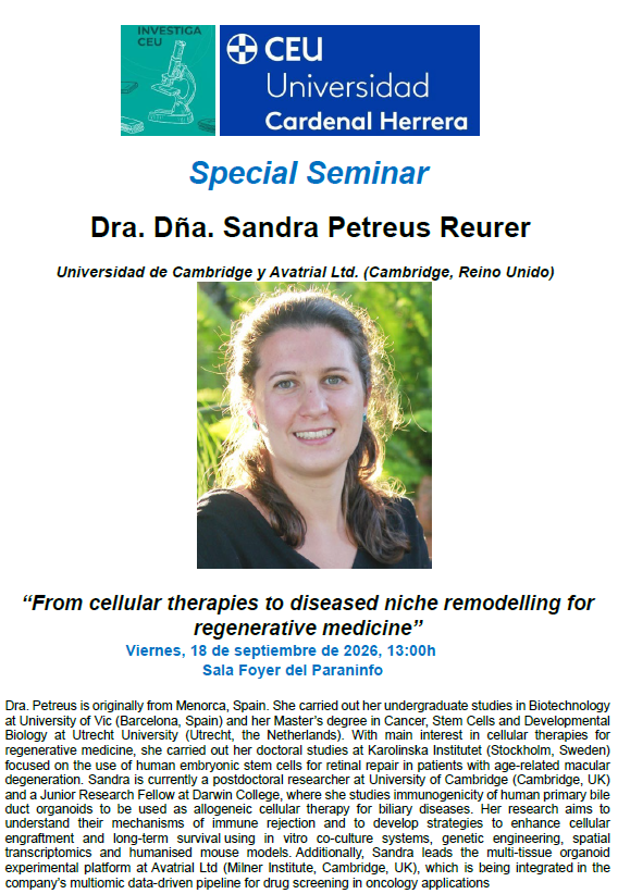 CienciaUCHCEU's tweet photo. 📢 Hoy a las 13h, nueva sesión de los Special Seminars en el Paraninfo de @uchceu 
La investigadora de @Cambridge_Uni Sandra Petreus Reurer comparte con los grupos de investigación de  @uchceu avances de las terapias celulares en medicina regenerativa
✍️ https://t.co/RywsTpLDEd https://t.co/SUw8Dm3Q3j