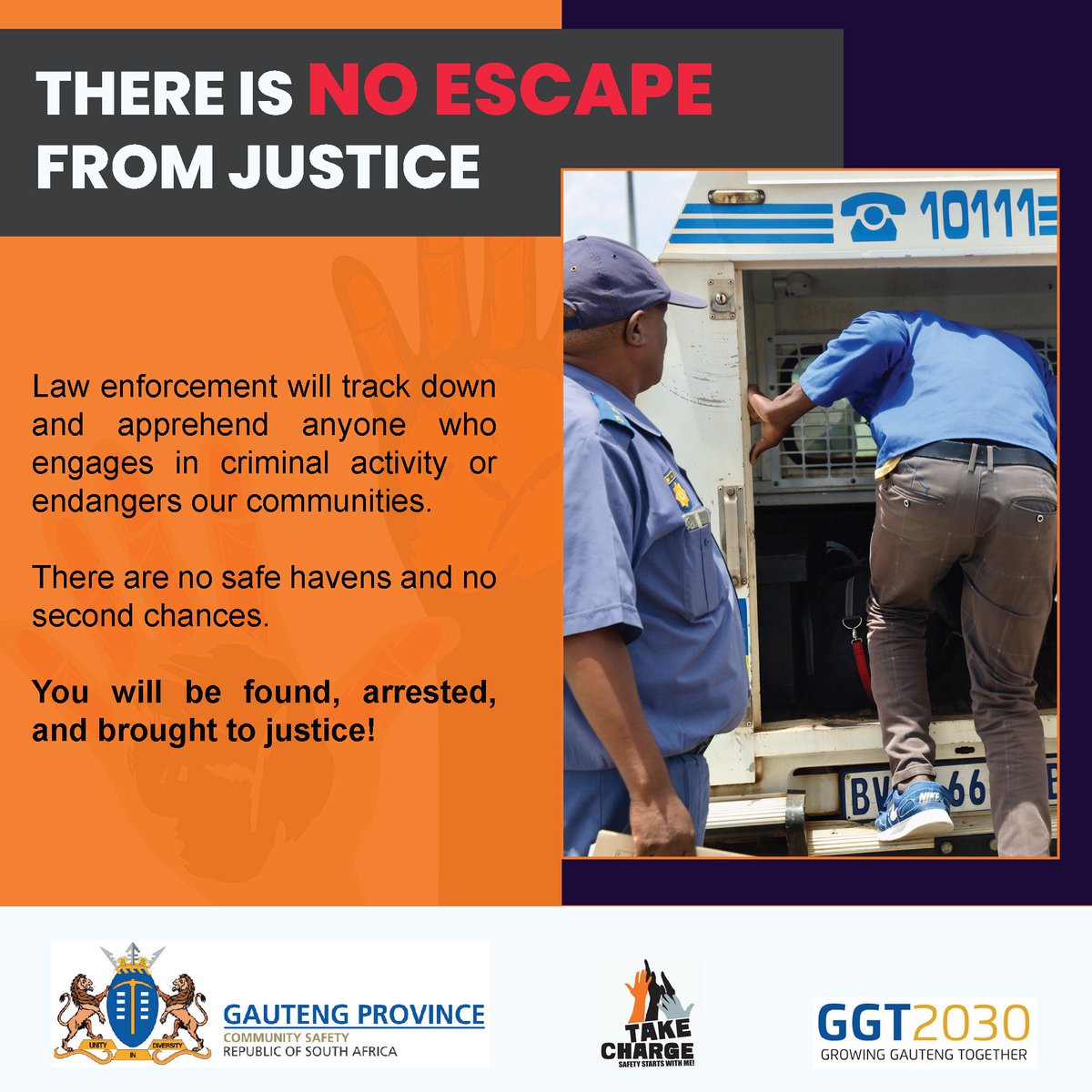 GP_CommSafety's tweet photo. NO ESCAPE FROM JUSTICE 🚔

There is no safe haven for those who threaten our communities. Law enforcement will continue pursuing wanted suspects and ensuring that those who break the law are held accountable.

#GrowingASaferGauteng https://t.co/vDPmULqYHe