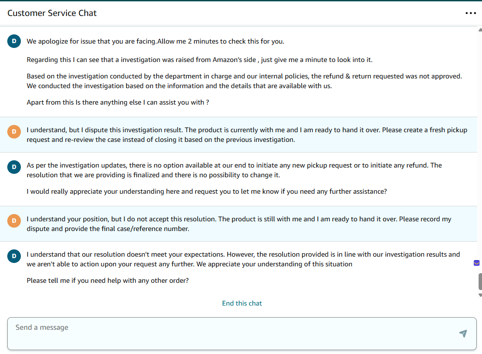 divyesh_0707's tweet photo. @AmazonHelp @amazonIN @amazonIN  Your Leadership team has confirmed that no further action or fresh pickup can be initiated, despite the product being with me and ready for handover. After repeated contacts, Amazon has still provided no resolution. I am escalating this with all supporting evidence. https://t.co/53YdoHLVCq