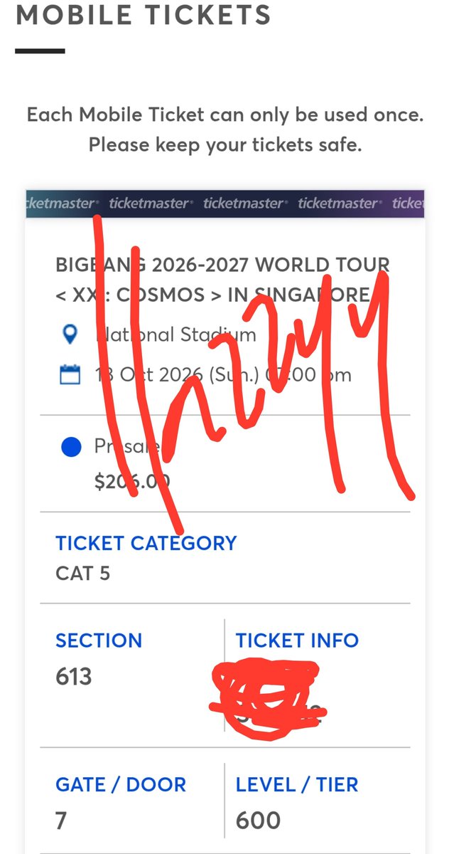 llazzyy_'s tweet photo. Karena aku udh dpt tiket yang aku mau di jakarta jadi aku mau jual tiket bigbang singapura day 2 cat 5 2 tiket. Bayar harga tiket+fee jastip aja ya guys. Tiketnya bisa di transfer ke akun ticketmaster kalian juga. Bagi yang minat bisa dm aku yaa😊🫶👐

#bigbang 
#bigbanginsg https://t.co/rUGaSlrZP0