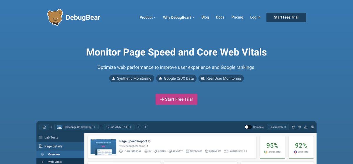 lpurahul's tweet photo. 5. DebugBear

DebugBear continuously monitors your website’s speed and Core Web Vitals instead of providing only a one-time test. It can also alert you when a new change causes website performance to decline. https://t.co/VIJ7xIXf51