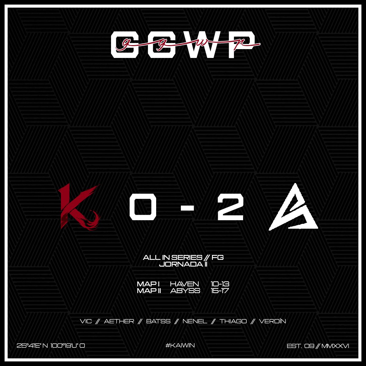 Ka1_Esports's tweet photo. 0-2 ante @AncestralGG 

Haven — 10-13
Abyss — 15-17

Un resultado que duele, pero que nos deja mucho que corregir.

Seguimos trabajando, seguimos aprendiendo.

Esto no termina aquí. 
#KAIWIN 

#AllInSeries https://t.co/o1RWwsWkag