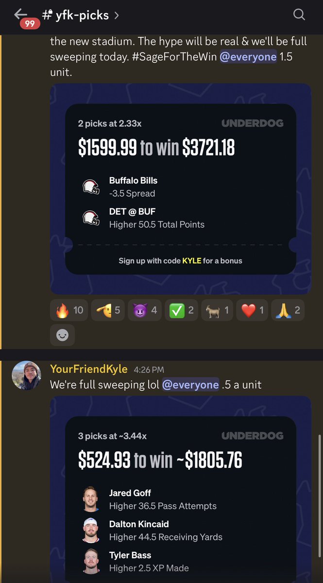 YourFriendKyle_'s tweet photo. Full sweep ✅✅✅✅✅✅✅✅

Not a bad day to be in the Discord.

Gave you guys the 3 man for free, hope you played it.

Code YFK on Underdog for a first time deposit match up to $1,000 in bonus cash!

Sign up to the Discord to start winning with us ⬇️

https://t.co/6cDbAlwhXZ https://t.co/yT35l0aO3h