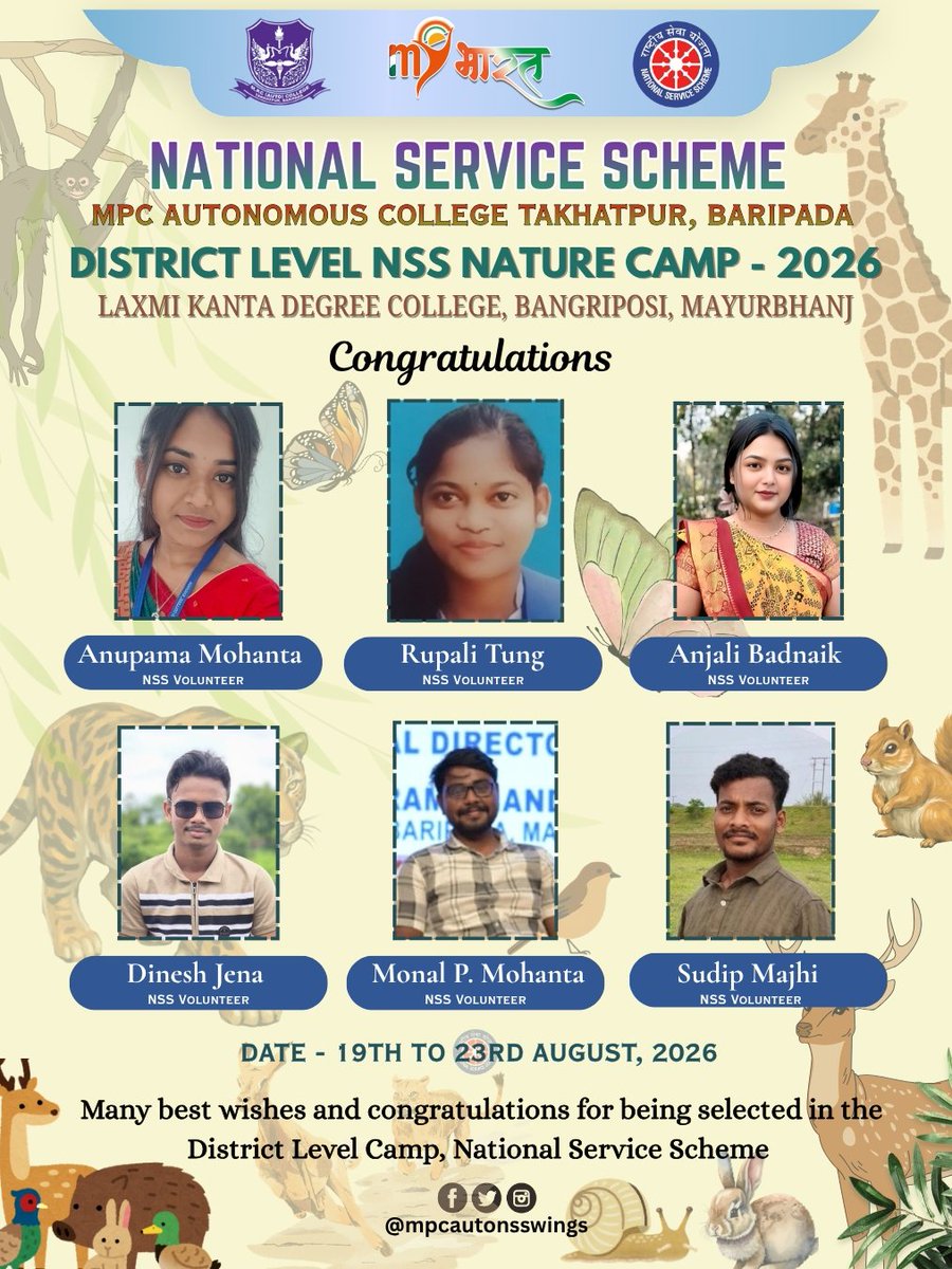 mpcautonsswing's tweet photo. Throwback to District Level NSS Nature Camp 2026 🌿  
 Our 6 NSS Volunteers from MPC Autonomous College, Baripada successfully participated at LK Degree College, Bangriposi.🌱  
Congratulations once again to all!💐✨ https://t.co/gdPTt9oSPw