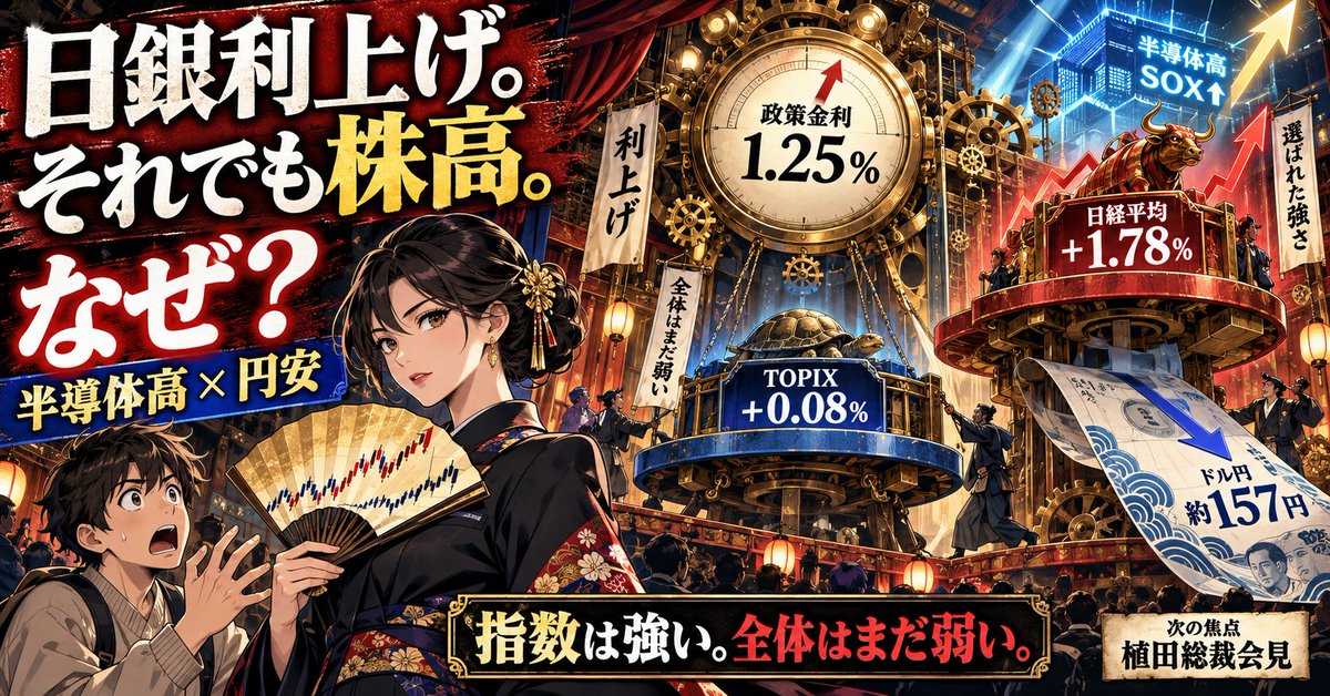 328351km's tweet photo. 【日銀利上げ。それでも株高。なぜ？】

日銀は政策金利を1.25％へ引き上げました。

しかし市場は…

📈 日経平均＋1.78％
➖ TOPIX＋0.08％
💱 ドル円は約157円

利上げにもかかわらず、円高にも全面的な株安にもなっていません。

理由は、

✅ 利上げが事前に織り込み済み
✅ 円安が輸出・値がさ株を支援
✅ 米SOX指数＋3.14％で半導体株に買い
✅ 日米の長期金利が低下

ただし、日経平均とTOPIXには大きな温度差があります。

「指数は強い。全体はまだ弱い。」

初心者は日経平均の急騰だけを見て、慌てて半導体株を追わないこと。新NISAの積立は淡々と継続し、次は植田総裁の発言と円・金利の反応を確認しましょう。

#日銀 #利上げ #投資初心者 #積立NISA