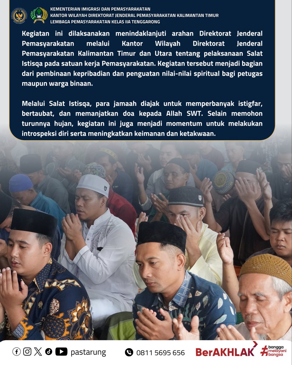 pastarung's tweet photo. Memohon hujan, memperbanyak istigfar, dan mendekatkan diri kepada Allah SWT. 🤲

Lapas Kelas IIA Tenggarong melaksanakan Salat Istisqa dan doa bersama di Masjid Taubatan Nasuha, Jumat (18/9/2026). https://t.co/uykziTwmbL