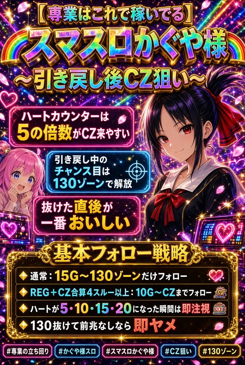 sara45458181's tweet photo. 【専業はこれで稼いでる】
🌈スマスロかぐや様🌈
～引き戻し後CZ狙い～
液晶左下のハートカウンター、
5の倍数がCZ来やすいのが本機の肝。
引き戻し中（100G以内）に引いたチャンス目は、
全部130ゾーンで解放される。
だから「抜けた直後」が一番おいしい。
🎯やり方🎯
・通常
　15G〜130ゾーンだけフォロー
・REG＋CZ合算 4スルー以上
　10G〜CZまでフォロー
これだけで低投資のまま
BIGを取りにいける。
ハートが5・10・15・20…になった瞬間は即注視。
130抜けて前兆出なければ即ヤメでOK。
専業が毎日やってる立ち回り、これだけ。
#スマスロかぐや様 #かぐや様は告らせたい #スマスロ #スロット狙い目 #ゾーン狙い