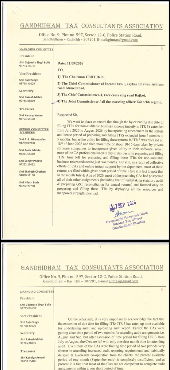 rambajajgst's tweet photo. Retweet For Support and Reach 

Gandhirham Tax Consultants Association Represent @IncomeTaxIndia For Tax Audit Due Date Extension upto 31st Oct, 2026

Ram Bajaj
8696424223

For Regular GST Updates, Join this Group
https://t.co/SmMxCrTcJG https://t.co/BjHAurfyi9