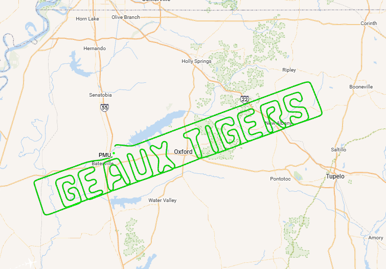 SteveWAFB's tweet photo. “GEAUX TIGERS” OVER OXFORD!

How cool is this?!

You may have seen the story WAFB’s Perry Robinson did earlier this week about an Oxford pilot who spelled out “Come to the Sip” with his flight path over the Baton Rouge area last week.

Well, today LSU fan and pilot Matthew Becker decided to return the favor, spending more than four hours in the air to write “Geaux Tigers” over Oxford.

And here’s the best part -- before Becker took off, he happened to run into the Oxford pilot, Joshua Gregory, at the airport in Oxford. What are the chances?

Hats off to both of these guys for their cool flight plans and keeping the rivalry good-natured!

Perry's story >> https://t.co/TsV5dzjWAx