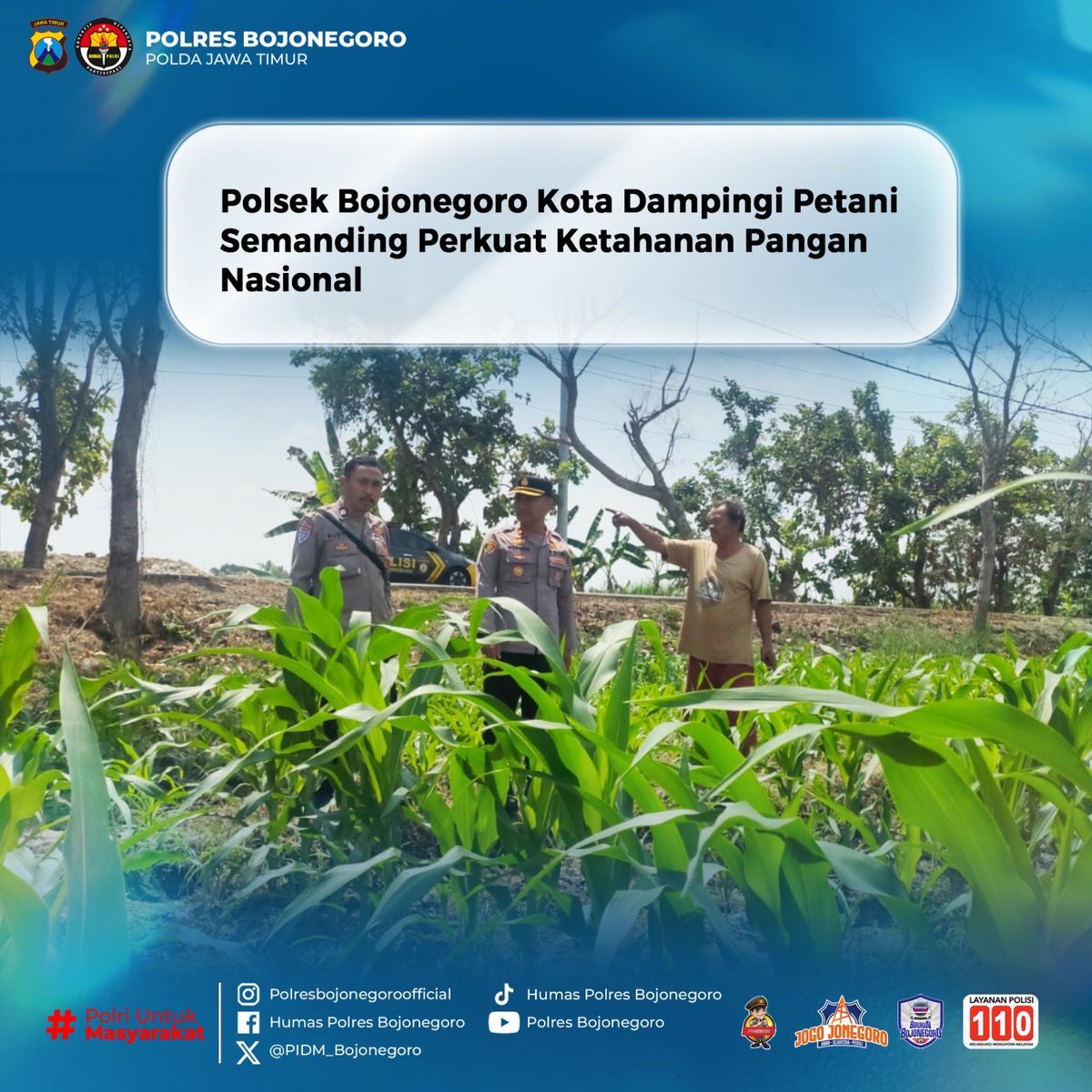 EkoDedyZld's tweet photo. Upaya memperkuat ketahanan pangan terus dilakukan Polsek Bojonegoro Kota melalui pendampingan langsung kepada para petani di Desa Semanding, Kecamatan Bojonegoro, Kabupaten Bojonegoro. Kapolsek Bojonegoro Kota Kompol Hufron Nur Rochim. https://t.co/MuFooFvz1n