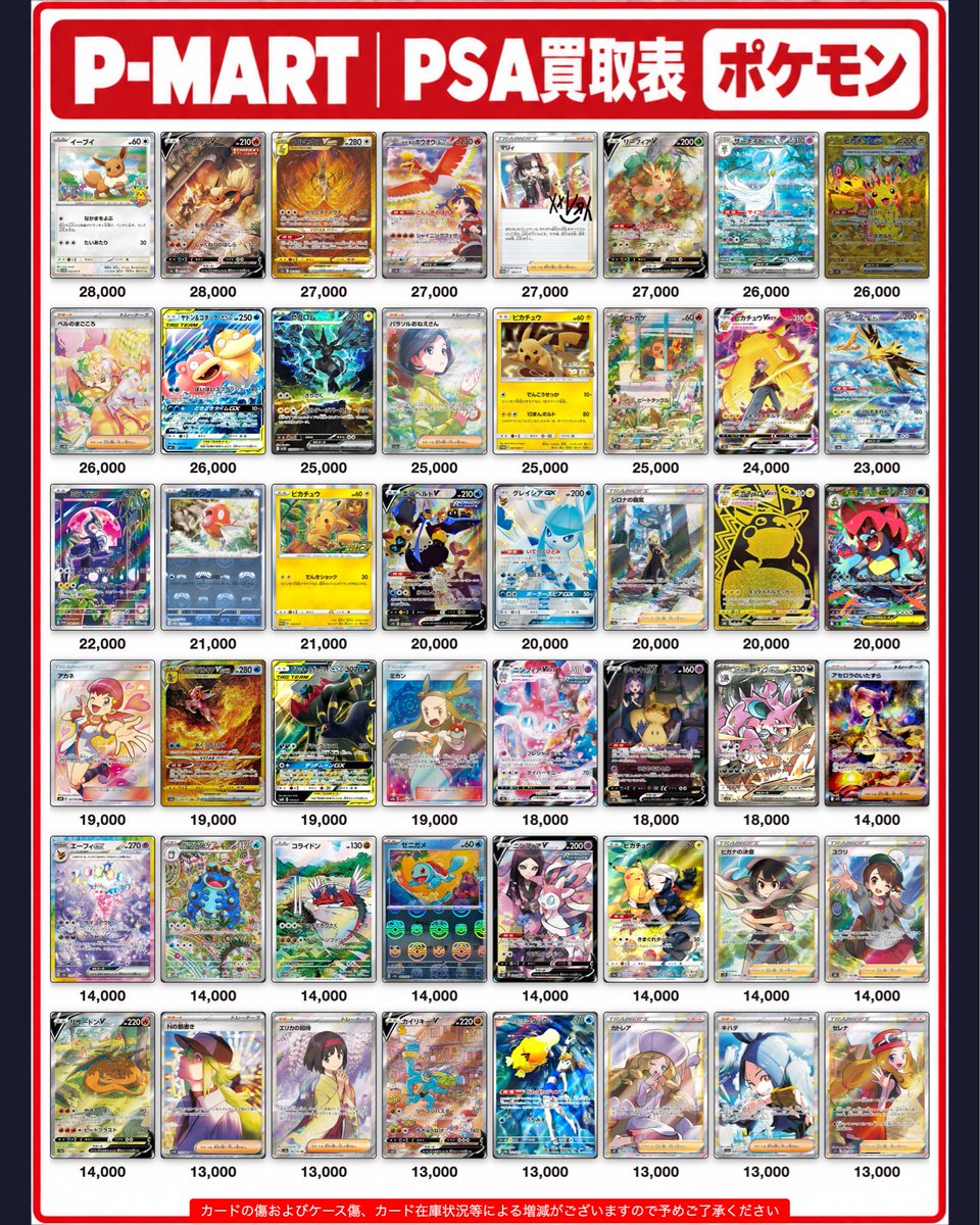 PMART_Kyoto's tweet photo. 【P-MART 京都店　買取表】

本日のポケカPSA10買取表になります🔥

こちらの買取表は当日のみ適応となります。
また、必要数集まった場合予告なく買取を締め切る場合がございますのでご了承ください。
 
⚠️買取表記載のカードのみの買取となります。

#ポケモンカード
#PSA 
#ポケカ
#トレカショップ https://t.co/pyjhrWalGB