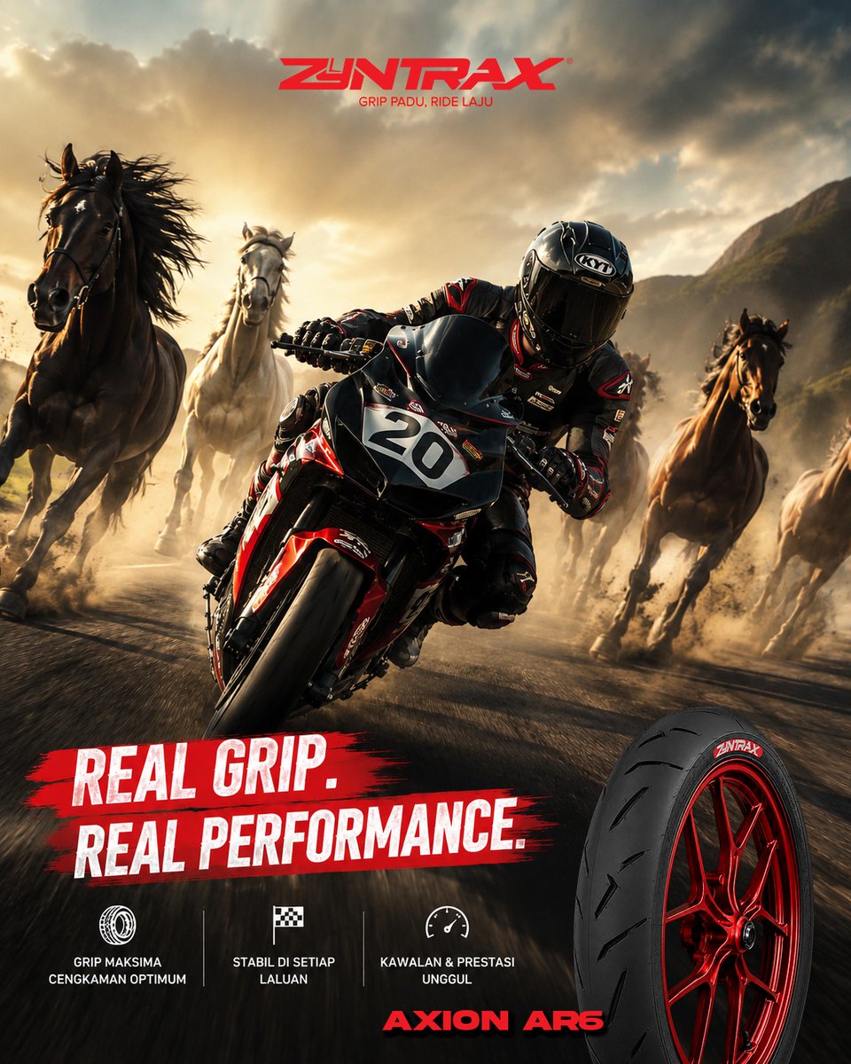 AndreaRoerc09b's tweet photo. Horses can run fast, but control decides who wins. Speed without control is risk. True performance comes from grip, stability, and confidence working together. ZYNTRAX AXION AR6: maximum grip, confident cornering, and stability on every road. https://t.co/7ob9jdpBK3