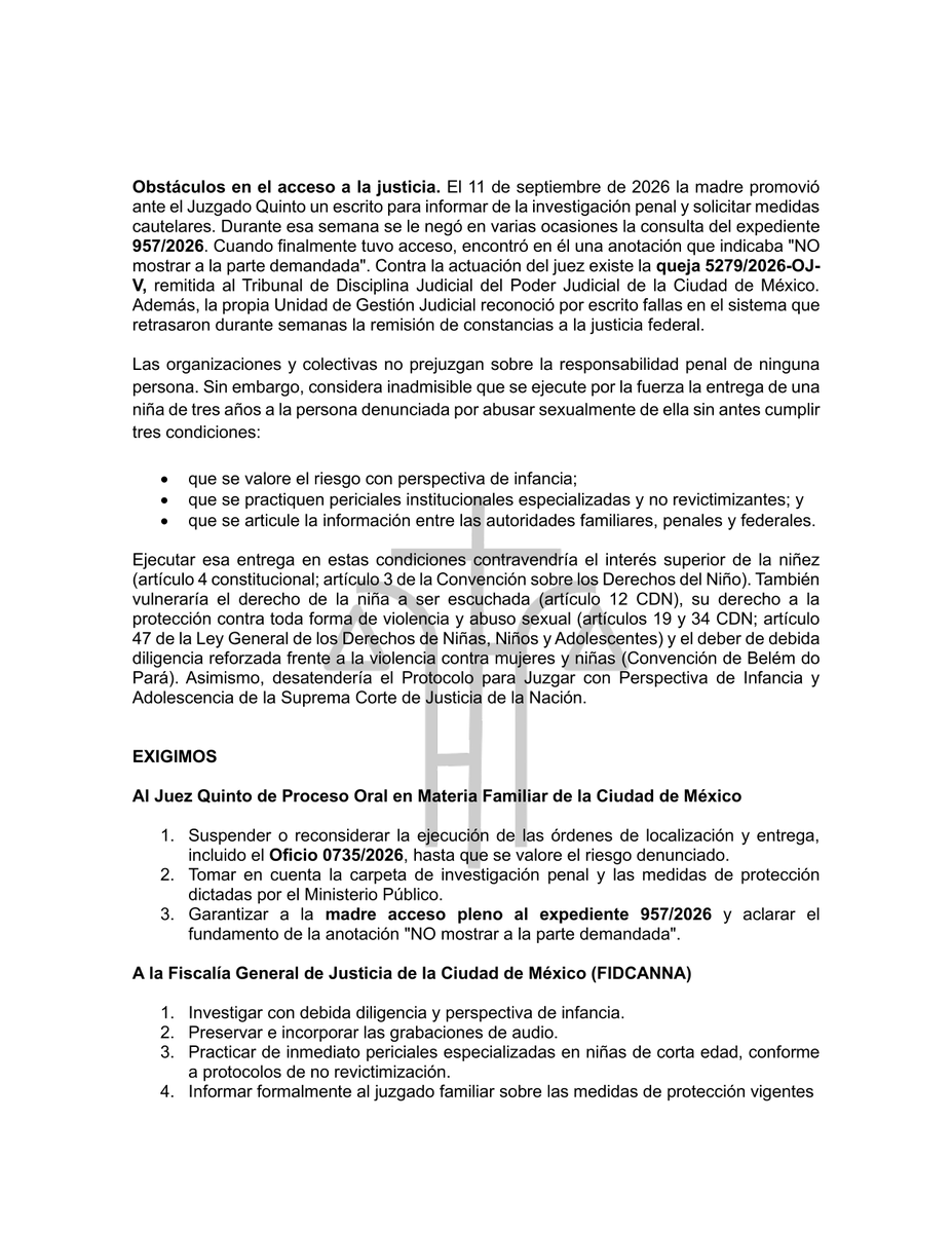 decadared's tweet photo. 🚨 #ACCIÓNURGENTE ¡ALTO A LA ENTREGA FORZOSA DE UNA NIÑA DE 3 AÑOS A SU AGRESOR SEXUAL! 🚨 @Claudiashein @rosaicela_ @ErnestinaGodoy_ @LauraI_Castillo @MagRafaelGuerra @GobCDMX @CDHCMX @LuisaAlcalde @BerthaAlcalde @ClaraBrugadaM https://t.co/TmrT6eLbUn