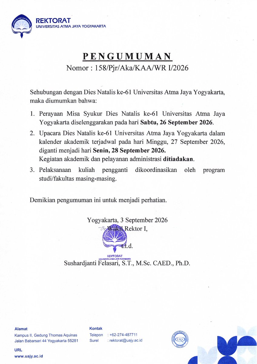 FTB_perkuliahan's tweet photo. #Pengumuman Kuliah Pengganti karena Dies Natalis UAJY. Mahasiswa dimohon mencermati pengumuman &amp; tgl pelaksanaan kuliah pengganti masing-masing mata kuliah. https://t.co/3VXHXVkpWs