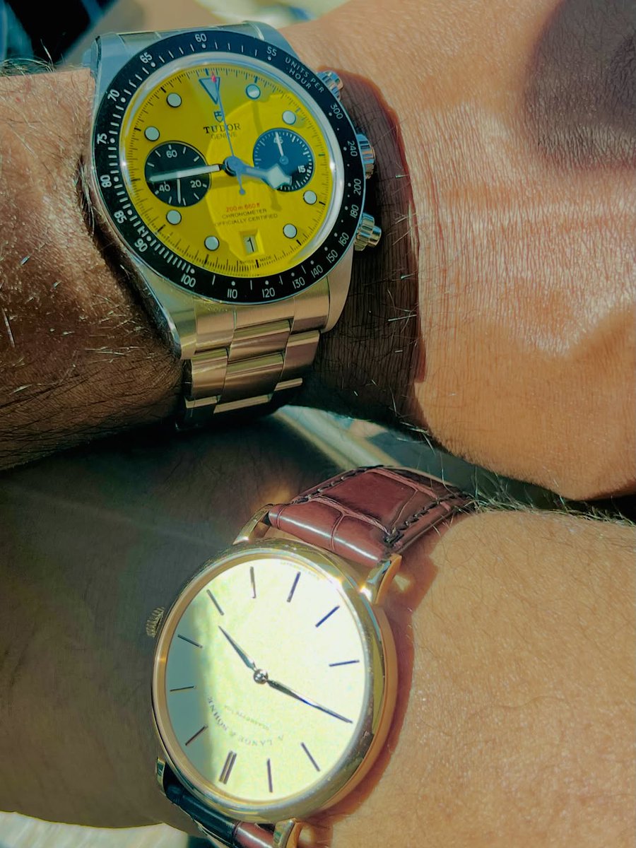 StuartDebaim's tweet photo. A perfect summer day with two fun watches: the Tudor Black Bay Chrono “Bumblebee” and the A. Lange &amp; Söhne Saxonia Pink Gold. https://t.co/CwZVTtlYRI
