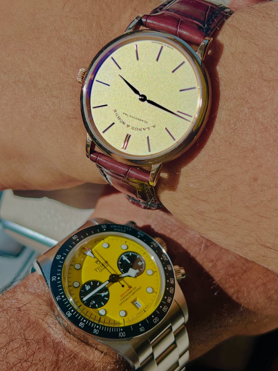 StuartDebaim's tweet photo. A perfect summer day with two fun watches: the Tudor Black Bay Chrono “Bumblebee” and the A. Lange &amp; Söhne Saxonia Pink Gold. https://t.co/CwZVTtlYRI