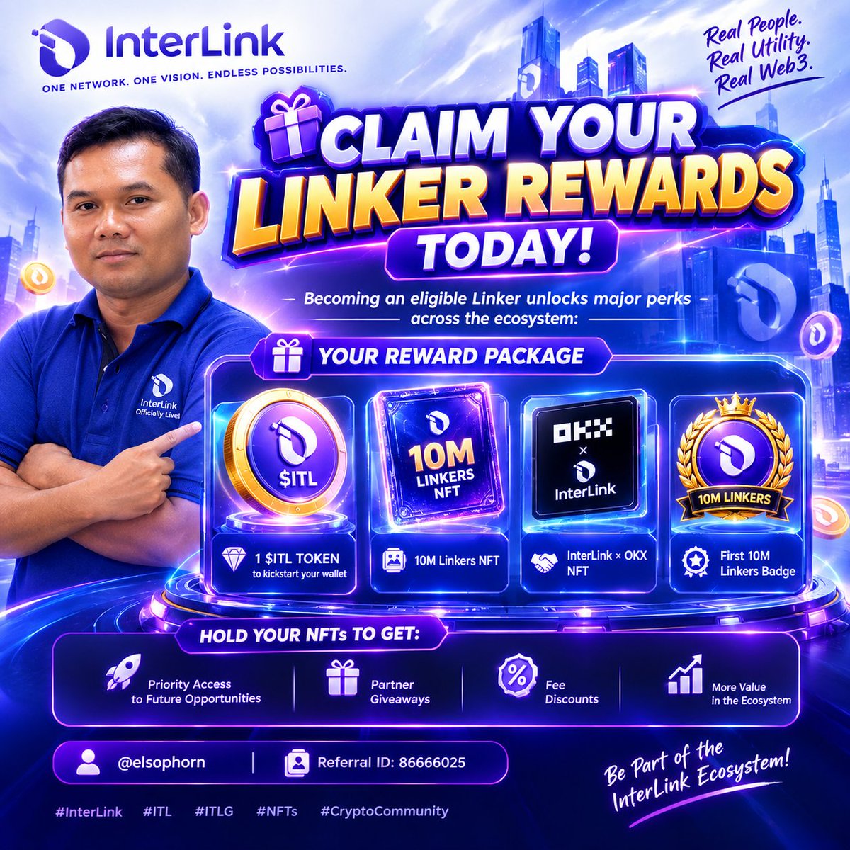 elsophorn's tweet photo. 🎁CLAIM YOUR LINKER REWARDS!

Eligible Linkers can receive:
💎 1 $ITL
🪪 10M Linkers NFT
🤝 InterLink × OKX NFT
🏆 First 10M Linkers Badge
✨ Perks: Airdrops • Discounts • Fee Rebates • Priority Access

🚀 Check your eligibility &amp; claim!

#InterLink 
#ITL 
#ITLG 
#NFT https://t.co/F2JiMQPSjM
