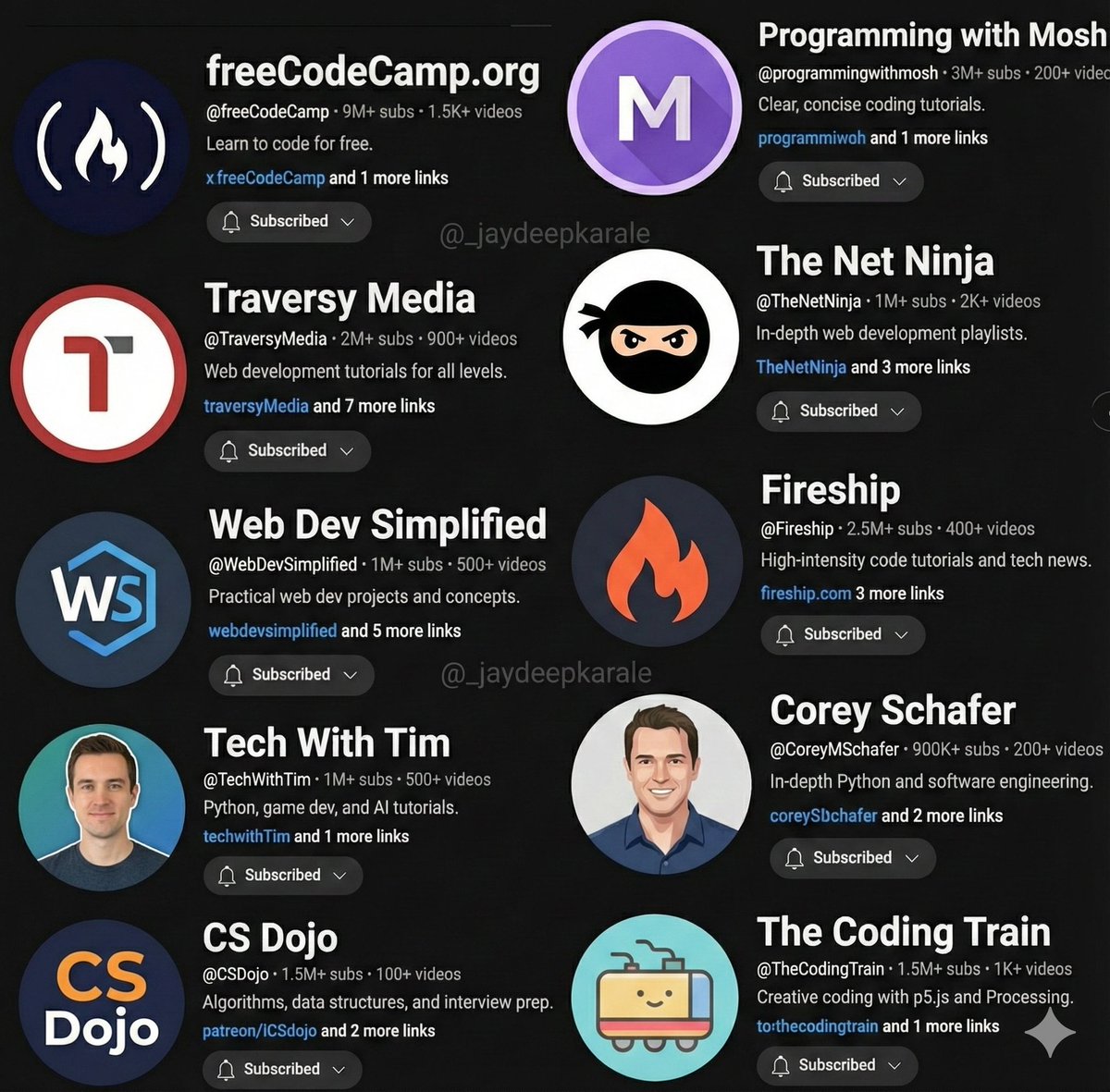 _jaydeepkarale's tweet photo. Literally the best channels to learn programming in 2026 and beyond 

Any you'd like to add ? https://t.co/hDYqva7DJf