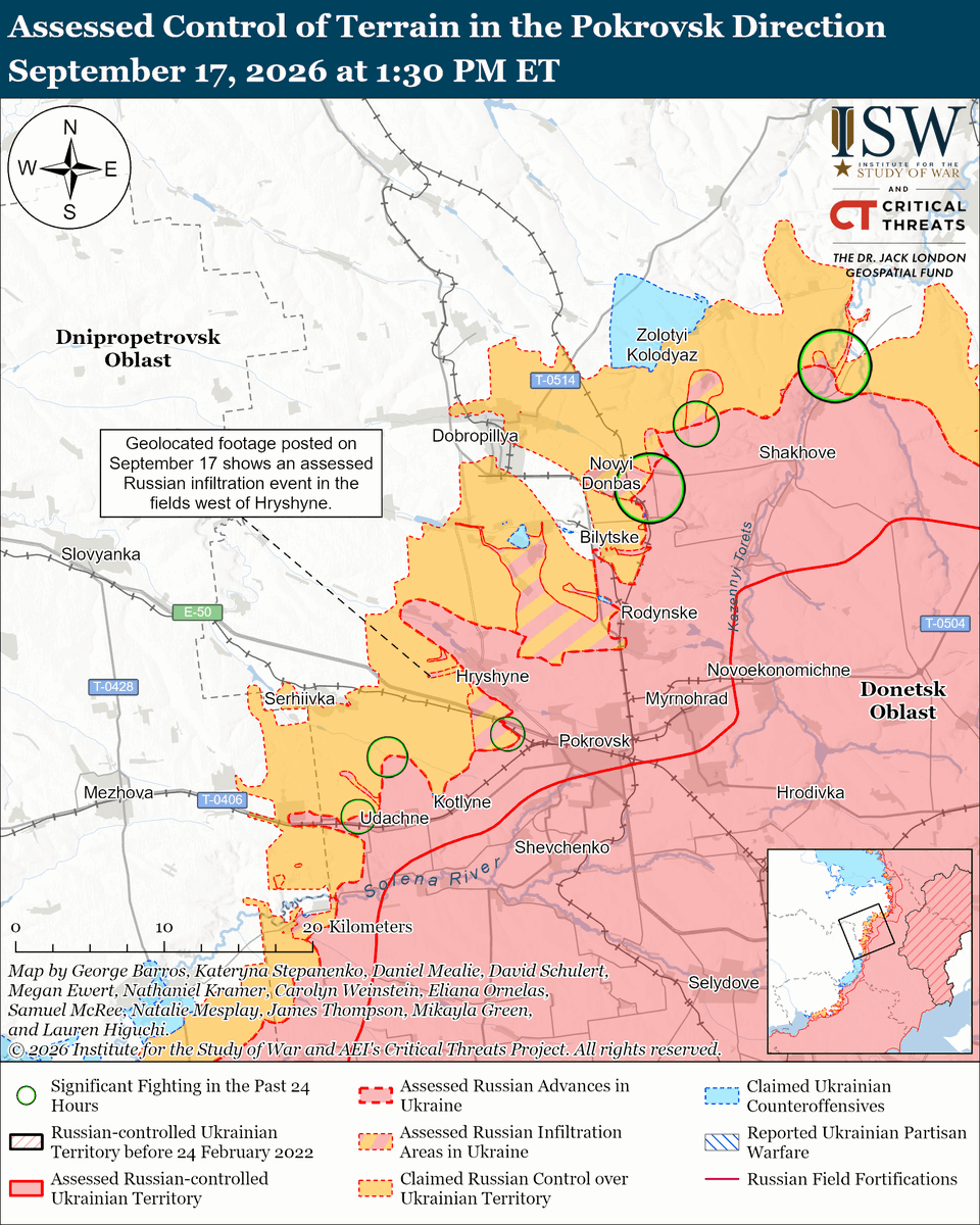 TheStudyofWar's tweet photo. NEW: Ukraine’s Operation Vivaldi in the Lyman direction demonstrates Ukraine’s recent progress in restoring elements of tactical maneuver on the battlefield, enabled in part by Ukraine’s shaping operations and intermediate-range strike campaign that degrades Russian electronic warfare (EW) capabilities. (1/2)

Other Key Takeaways:

Ukrainian forces achieved operational surprise by leveraging rigorous operational security (OPSEC) and counter-drone operations to degrade Russian forces’ operational awareness.

Russian forces are transferring armor and drone support assets to the Dobropillya direction for future mechanized assaults in Fall 2026.

Ukrainian forces are intensifying their long-range strike campaign against Russian military assets, including by conducting a suppression and destruction of enemy air defenses (SEAD/DEAD) campaign in Rostov Oblast.

Russia continues to rely on North Korea to wage war against Ukraine and alleviate Russian labor shortages.

Lithuanian President Gitanas Nauseda publicly acknowledged on September 16 that Russia may be deliberately allowing Russian drones to deviate from their intended course and enter NATO airspace in order to punish countries supporting Ukraine.

The US House of Representatives passed the Lindsey O. Graham Sanctioning Russia and Iran Act of 2026 on September 16, which authorizes the US to impose tariffs of up to 100 percent on the five largest importers of Russian oil and natural gas.

Ukrainian forces recently advanced near Kupyansk.

Russia launched 157 drones, 10 Banderol/Dan-T loitering munitions, and an unspecified number of missiles at Ukraine overnight.