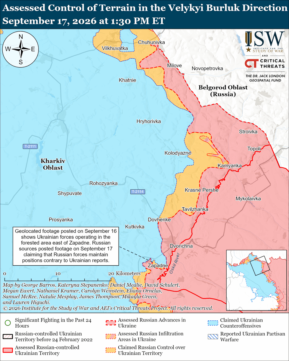 TheStudyofWar's tweet photo. NEW: Ukraine’s Operation Vivaldi in the Lyman direction demonstrates Ukraine’s recent progress in restoring elements of tactical maneuver on the battlefield, enabled in part by Ukraine’s shaping operations and intermediate-range strike campaign that degrades Russian electronic warfare (EW) capabilities. (1/2)

Other Key Takeaways:

Ukrainian forces achieved operational surprise by leveraging rigorous operational security (OPSEC) and counter-drone operations to degrade Russian forces’ operational awareness.

Russian forces are transferring armor and drone support assets to the Dobropillya direction for future mechanized assaults in Fall 2026.

Ukrainian forces are intensifying their long-range strike campaign against Russian military assets, including by conducting a suppression and destruction of enemy air defenses (SEAD/DEAD) campaign in Rostov Oblast.

Russia continues to rely on North Korea to wage war against Ukraine and alleviate Russian labor shortages.

Lithuanian President Gitanas Nauseda publicly acknowledged on September 16 that Russia may be deliberately allowing Russian drones to deviate from their intended course and enter NATO airspace in order to punish countries supporting Ukraine.

The US House of Representatives passed the Lindsey O. Graham Sanctioning Russia and Iran Act of 2026 on September 16, which authorizes the US to impose tariffs of up to 100 percent on the five largest importers of Russian oil and natural gas.

Ukrainian forces recently advanced near Kupyansk.

Russia launched 157 drones, 10 Banderol/Dan-T loitering munitions, and an unspecified number of missiles at Ukraine overnight.