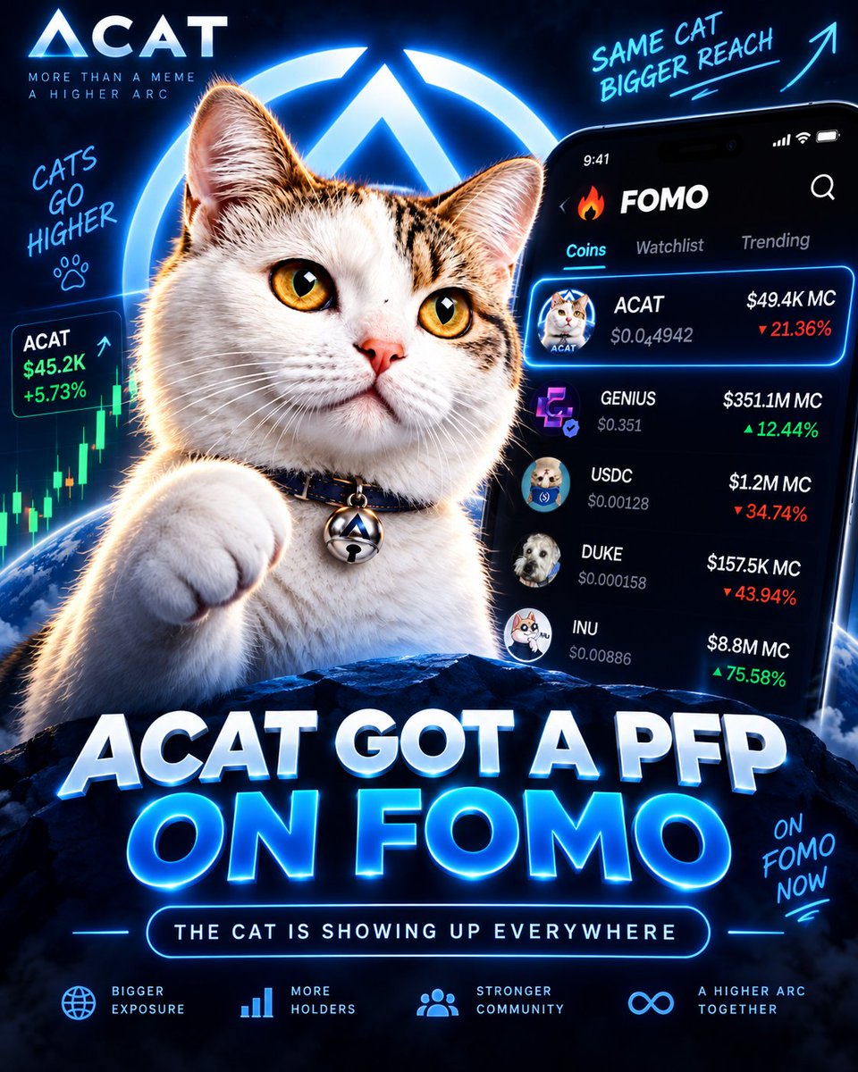 acatonarc's tweet photo. $ACAT finally got its PFP on @fomo  🐱

First token out of the @o1_exchange  launchpad on @arc, and now the cat is starting to show up across the ecosystem.

More visibility. More holders finding the lore. More eyes on the Arc cat.

The goal hasn’t changed: make $ACAT the cat mascot of Arc.

CA: 0xf80457274fa646c7a8e0942d48be703864ef3d01