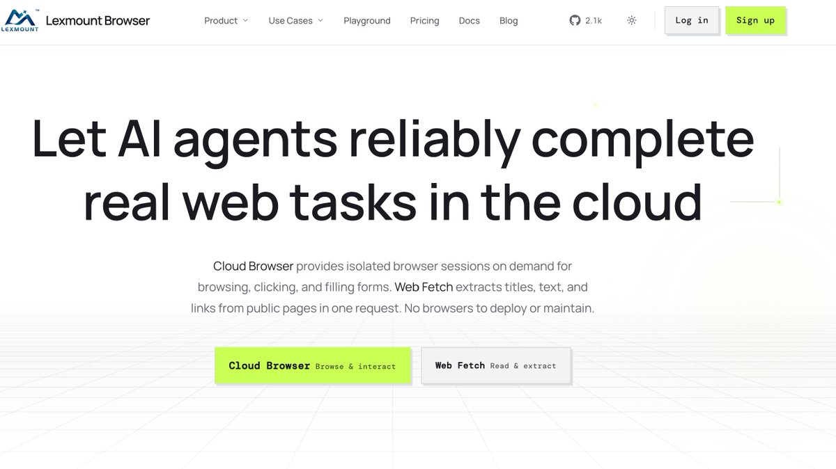 LexmountAI's tweet photo. AI agents can think.

But they still need a browser to reliably complete real web tasks.

Lexmount provides cloud browser infrastructure for AI agents:
→ Browse websites
→ Click buttons
→ Fill forms
→ Extract web data

Build agents that can actually use the web.
