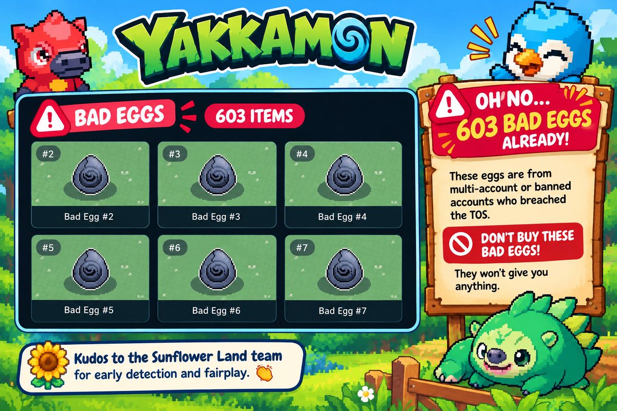 purikku22's tweet photo. 🥚 10,000 Genesis Yakkamon NFT Eggs — ALL MINTED! 🎉🔥 Kudos to @yakkamon_game and @0xSunflowerLand team for successful mint in @Ronin_Network launchpad (though there were hiccups 😂)

That’s a wrap! No more Wave 5 or Wave 6 minting. The Genesis collection is officially fully minted!

⚠️ Traders, please stay alert!
Official trading opens on September 21.

🚨 DO NOT ENGAGE WITH THE BAD EGGS!

Always double-check the official Ronin Marketplace before interacting with any listing in Opensea. As of this writing, there are already 603 Bad Eggs flagged.

Stay safe, Trainers! 🦬🥚
10K minted. Now, we wait for the great reveal on 14th of October. 👀🔥

#Yakkamon #SunflowerLand #RONIN