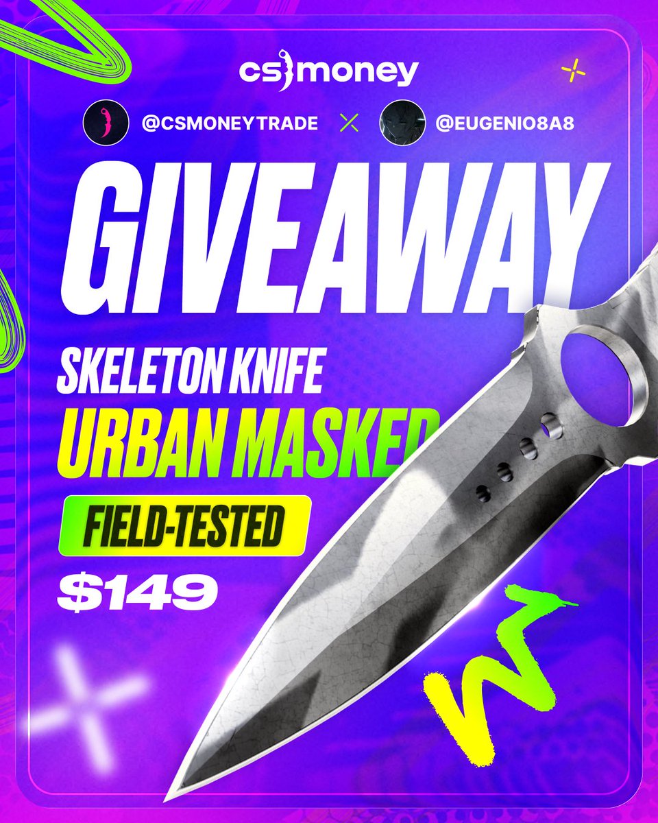 eugenio8a8's tweet photo. GIVEAWAY 🎉

Together with @csmoneytrade , I’m giving away a:

🏆 Skeleton Knife | Urban Masked (Field-Tested) worth $149!

To enter:

✅Follow @csmoneytrade and @eugenio8a8 
✅Like &amp; Repost
✅Tag a friend below.

The winner will be drawn on September 25th.

Good luck everyone! https://t.co/Plo6LIf2vy