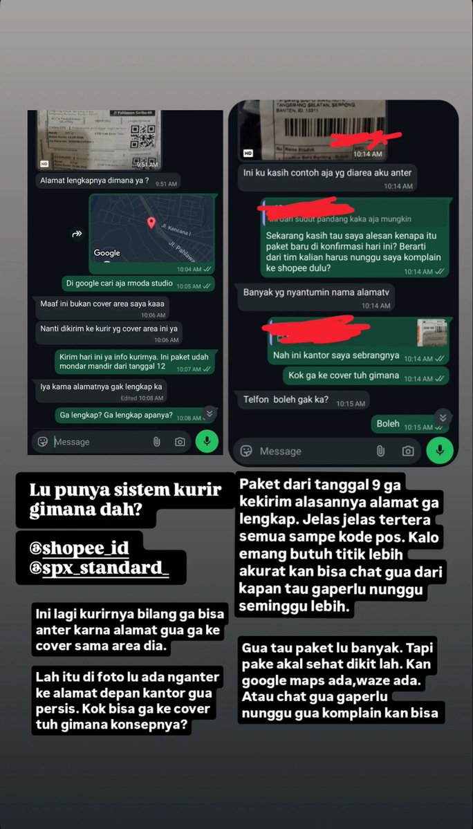 fnrskim's tweet photo. Nungguin dari tgl 9, sampe hari ini masih belum sampe paket gue. Statusnya bolak balik Depok Tangerang, kok bisa 😄

Sekalinya ada kurir chat malah kek begini. Awal2 ngehubungin CS @ShopeeID kek ga guna, ga ada penyelesaian, nunggu diomelin dulu baru gerak. Kek manaaa @ShopeeCare https://t.co/hjx2HlazXS