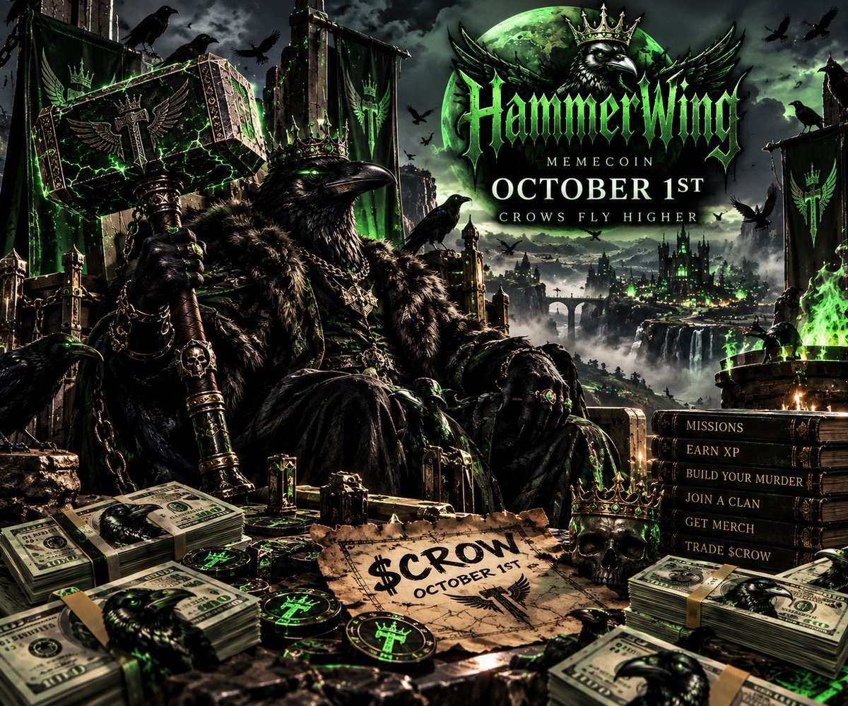 HammerWingAdvo's tweet photo. 🦅⚒️ THE HAMMER IS COMING.

$CROW launches OCTOBER 1ST.

👑 Build your Murder
⚔️ Join a Clan
🎯 Complete Missions &amp; earn XP
🛍️ Rep the merch
💰 BUY $CROW OCT 1ST

The kingdom is rising. Crows fly higher. 🟢🐦‍⬛ https://t.co/IIIAi0vPb0