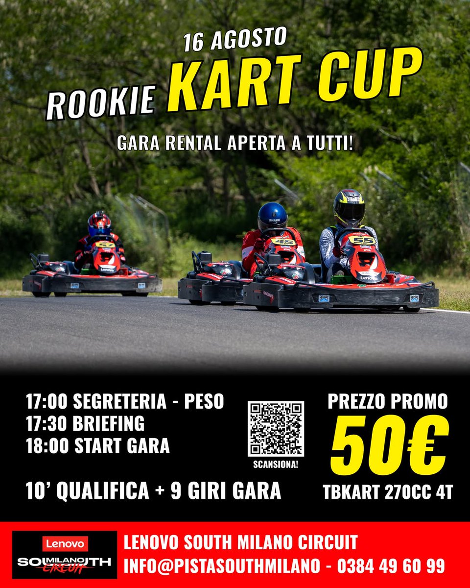 ClevelandMjq0's tweet photo. ROOKIE KART CUP – AUGUST 16, 2026

Rental race open to everyone, even first-timers! 10-minute qualifying + 9-lap race in TBKart 270cc 4T karts. Meet at 5:00 PM – Start at 6:00 PM
Promo: €50

See you on the grid! https://t.co/4mB6CcqONh