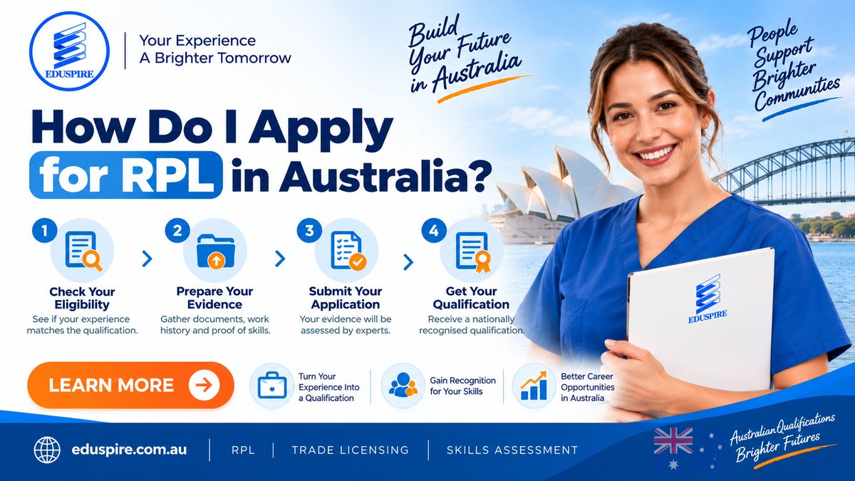 Eduspire_social's tweet photo. 🔹 Check your eligibility
🔹 Prepare your evidence
🔹 Submit your application
🔹 Get your qualification

🌐 https://t.co/E9hDCGiyQn
#RPL #RPLAustralia #RecognitionOfPriorLearning #SkillsRecognition #SkillsAssessment #AustralianQualifications #TradeCourses #TradeQualification https://t.co/G4DlVAkixm