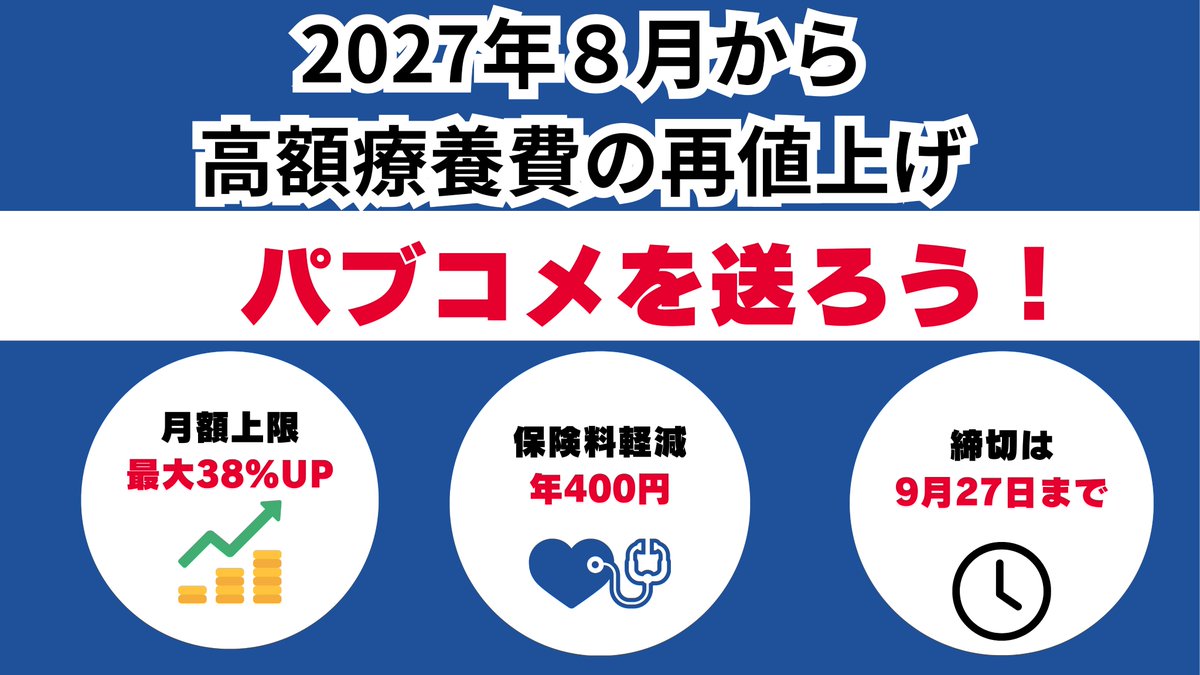 hodanren's tweet photo. 高市政権は、2027年8月からの高額療養費の再値上げに関する厚労省令について意見募集してます。
８月に値上げしたばかりなのに…
来年８月の値上げで月額最大38％も値上げに
https://t.co/zWbBjHIfMG

上野厚労相
「国費削減は70億円、保険料軽減は年400円」
「長瀬効果（受診抑制）を230億円見込む」

https://t.co/284rdEE2B7