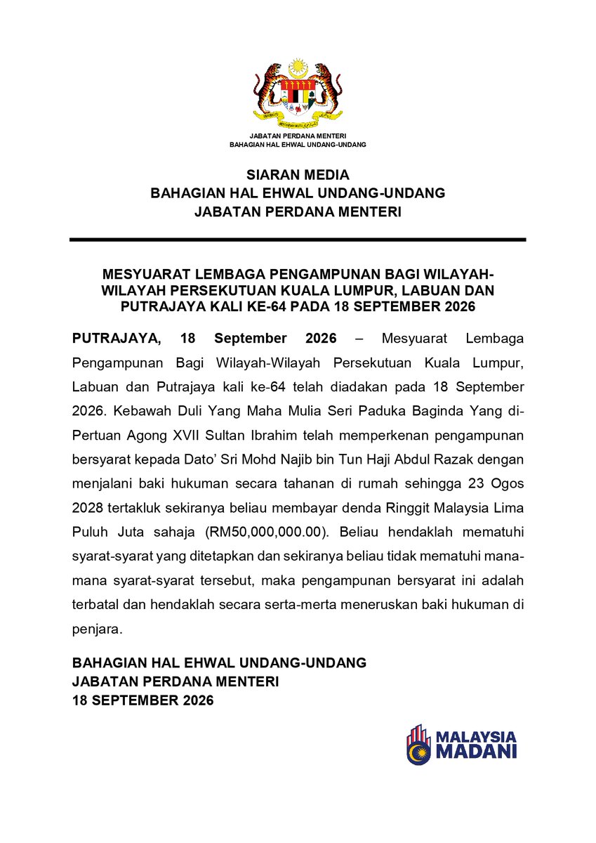 NewsBFM's tweet photo. 🚨 BREAKING: Najib Razak has been granted a conditional pardon allowing him to serve the rest of his prison sentence in the SRC International case under house arrest until Aug 23, 2028, provided he pays his RM50 million fine.

The 73-year-old must comply with all stipulated conditions or the pardon will be revoked, said the Legal Affairs Division.

The ex-prime minister has been jailed since Aug 2022 for misappropriating RM42 million in SRC funds.