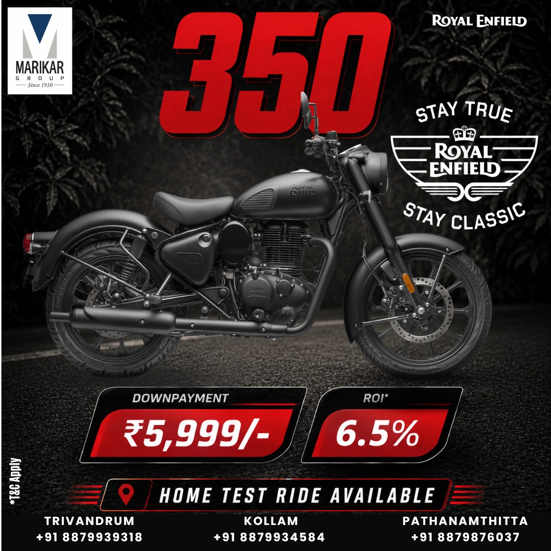 VenettaRusson's tweet photo. Own the Royal Enfield Classic 350. Ride with timeless style. Down payment from ₹5, 999, 6. 5% ROI, and home test rides available. Visit your nearest Marikar Royal Enfield showroom. Terms apply. https://t.co/78PF80L1MT