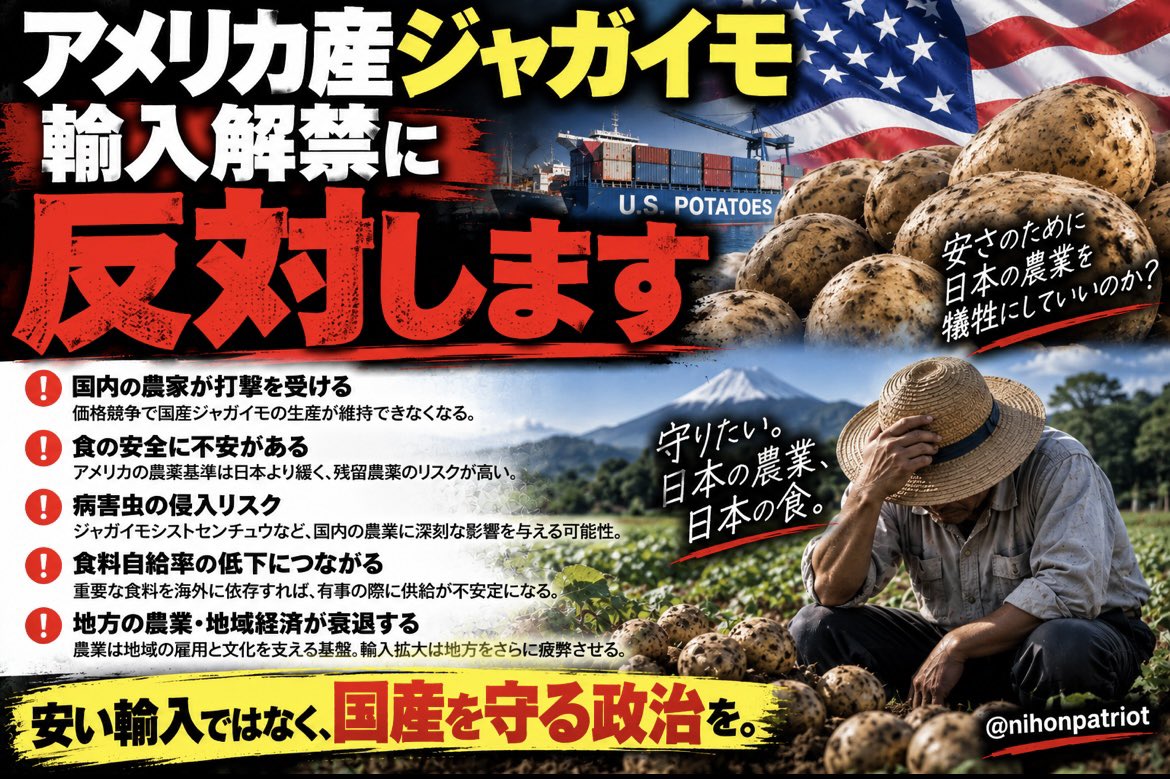 nihonpatriot's tweet photo. アメリカ産ジャガイモ輸入解禁に反対します https://t.co/FnlKrs2nDF