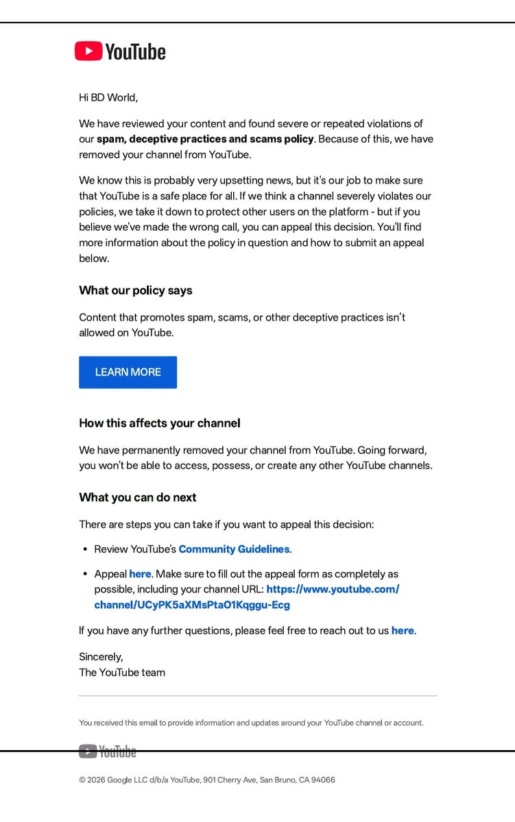 billalsaghor32's tweet photo. @TeamYouTube Hello, my channel “BD World” (https://t.co/iMby98pk2r) was terminated for alleged violations of the Spam, Deceptive Practices and Scams policy. I submitted an appeal, but it was rejected on September 16, 2026. My channel mainly contained music videos, short films https://t.co/3EkjVqtJel