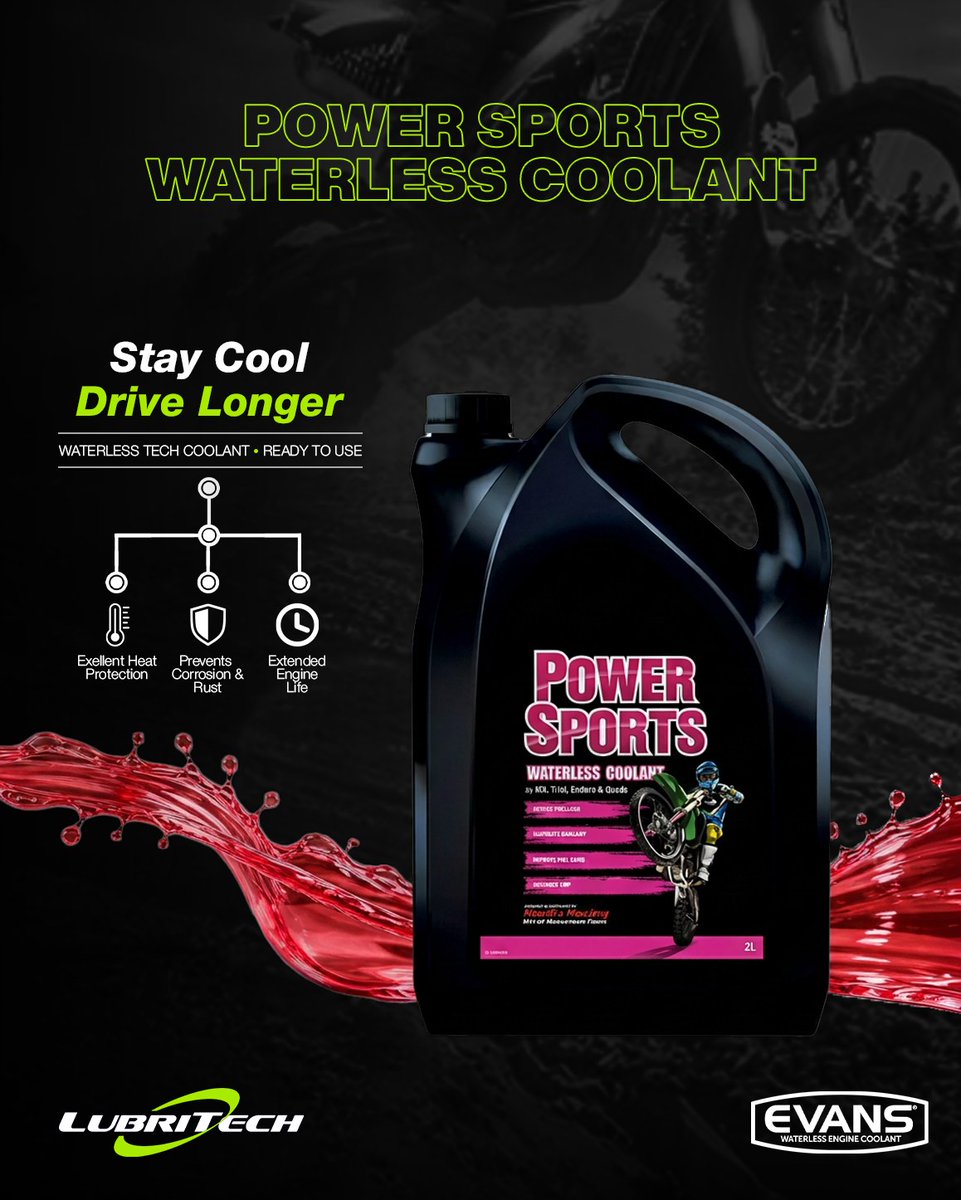 DustinGuaruo's tweet photo. Don’t let temperature hold you back. Evans Power Sports Waterless Coolant keeps your engine cool in extreme conditions. With a boiling point above 180°C and 0% water, it prevents rust, corrosion, and overheating. Stay Cool, Drive Longer. https://t.co/EDlmuy6yuh