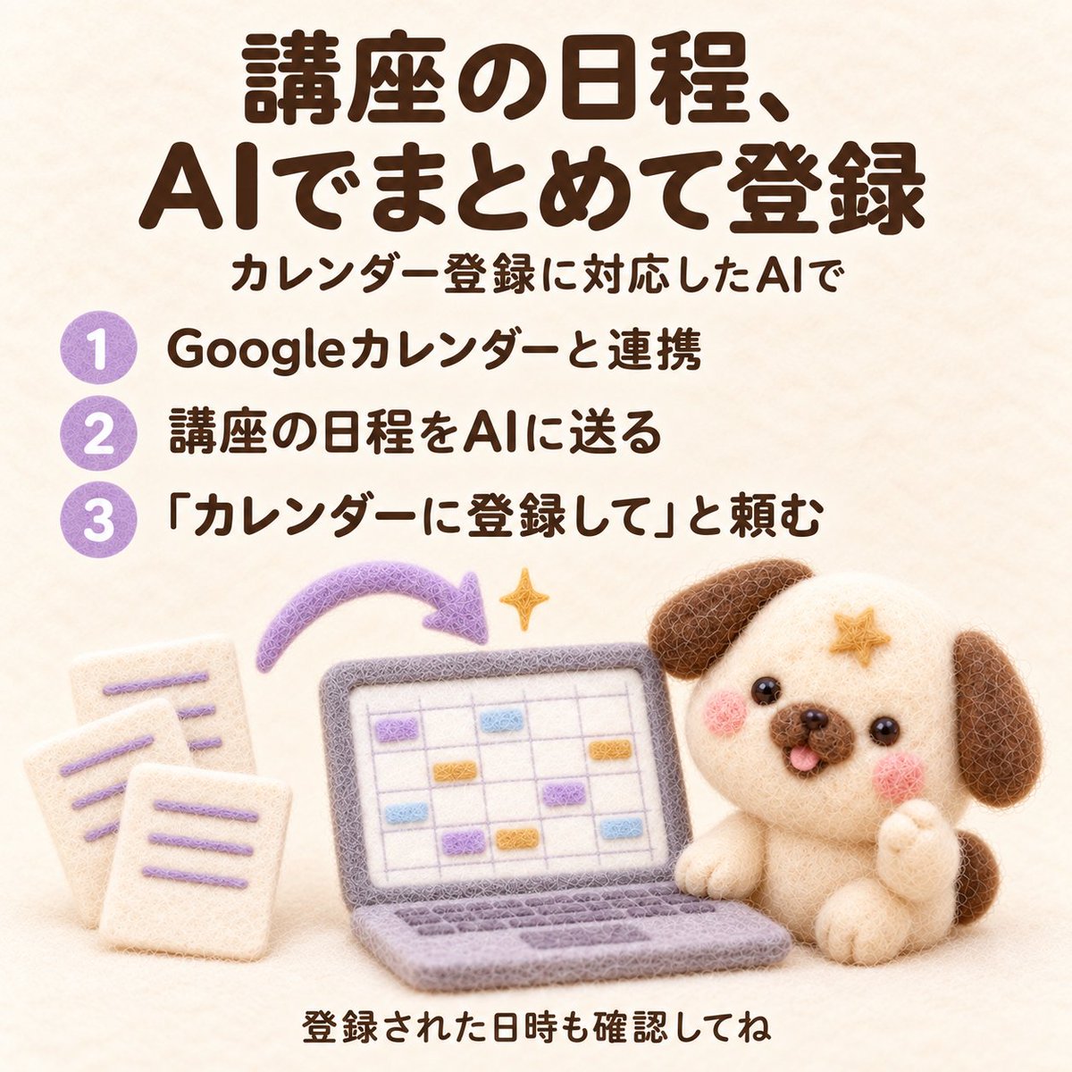 simplist_hana's tweet photo. Googleカレンダーにまだ手入力していますか？

講座の情報など一括でもらった日程、1つずつ入力するの大変ですよね😭
そんなときこそ、AIにお任せ！
事前にGoogleカレンダーと連携しておけば、講座情報を共有して「登録お願い」と伝えれば、そのままカレンダーに登録してくれます✨ https://t.co/ejJUMLzG4u