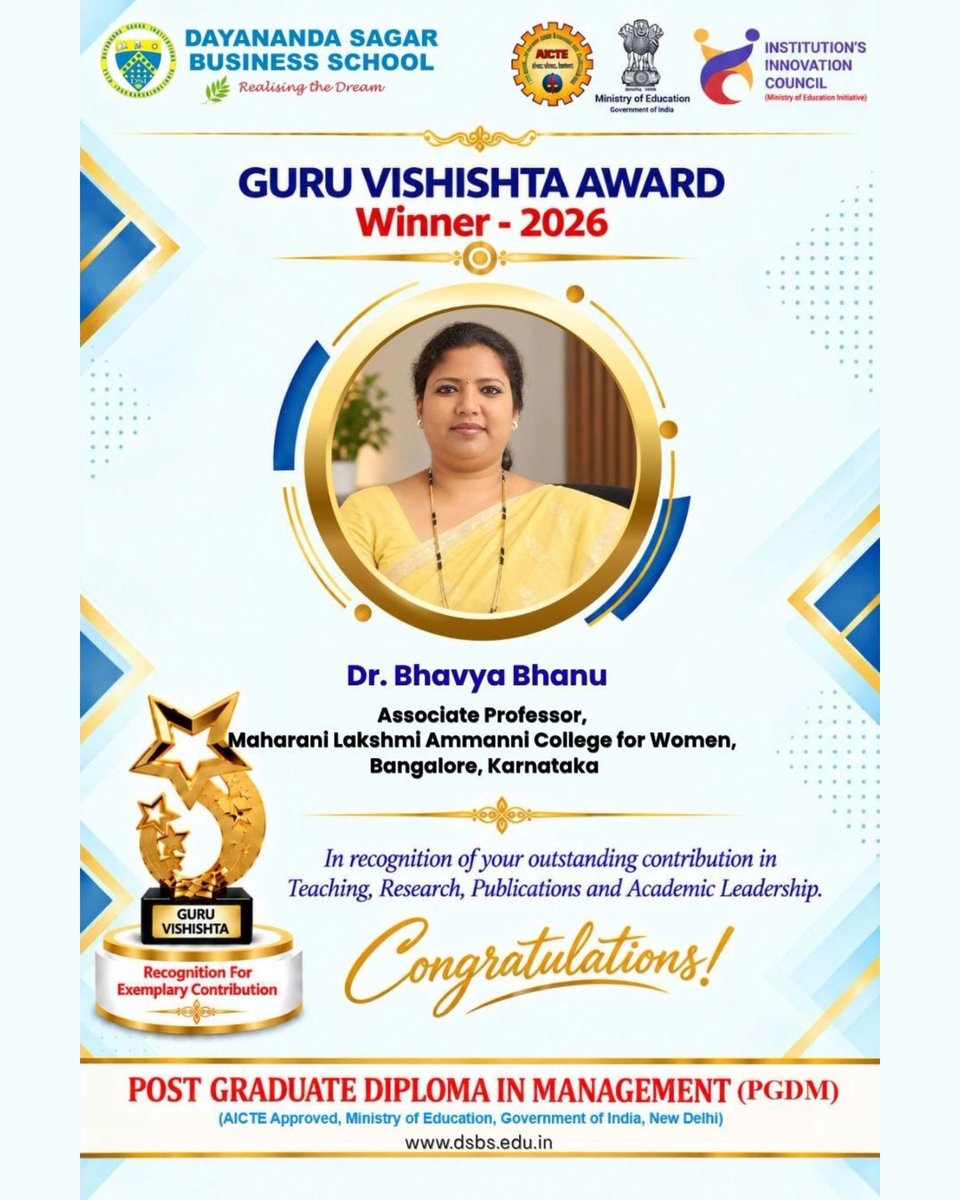 mLAC1972's tweet photo. ๐ National-Level Recognition!
Heartiest congratulations to Dr. Bhavya Bhanu, Associate Professor, Department of Management Studies, on receiving the Guru Vishista Award 2026 from Dayananda Sagar Business School, Bengaluru.
A proud moment for mLAC! ๐๐
#mLAC #MLACBengaluru https://t.co/ajyDODQB1X