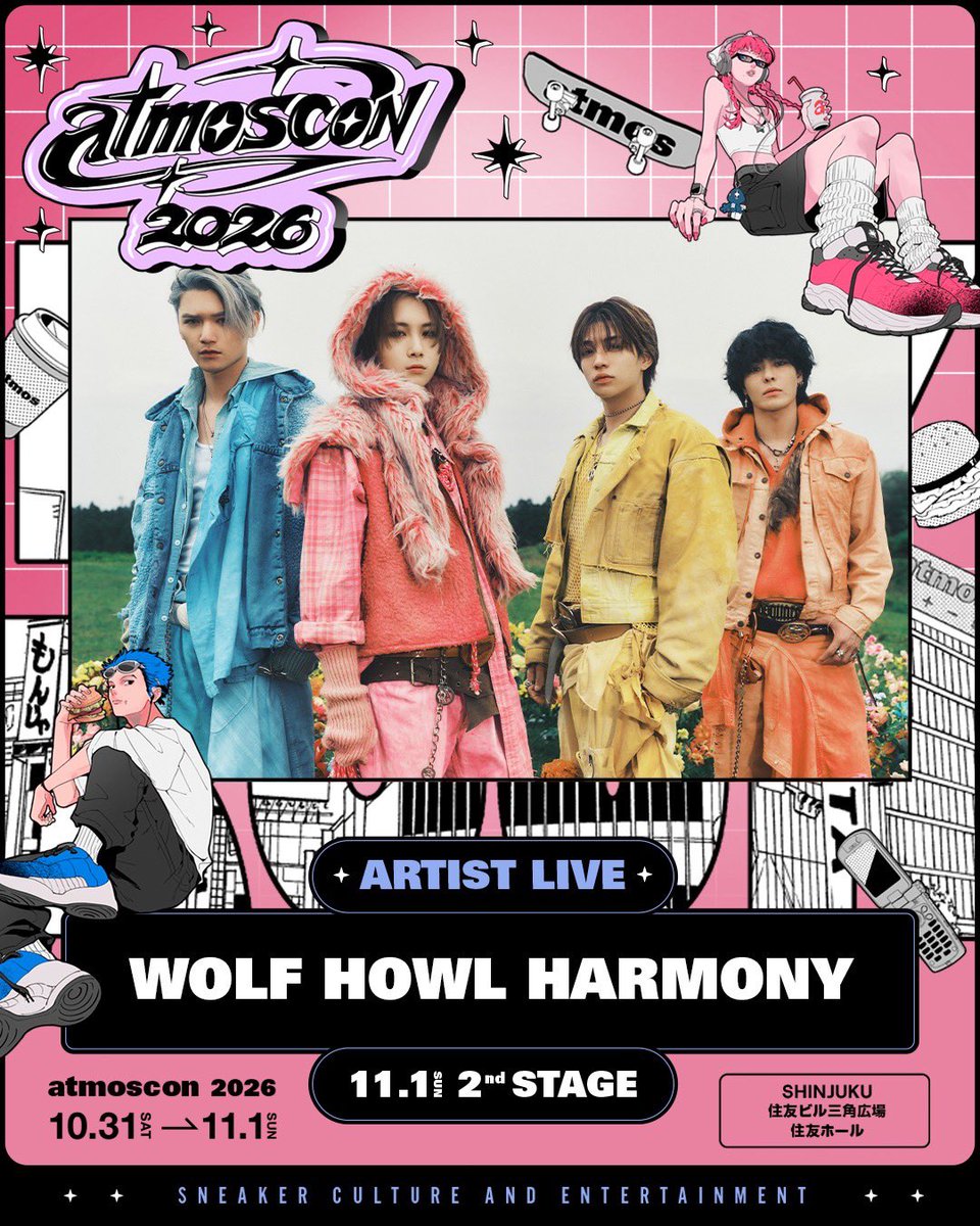 WOLFHOWLHARMONY's tweet photo. ／
#atmoscon2026
WOLF HOWL HARMONY の出演が決定🐺❤️‍🔥
＼

📍会場
新宿住友ビル 三角広場 新宿住友地下ホール

🗓️出演日
11/1(日)昼 -2nd Stage-

🔗詳細はこちら
https://t.co/g4uY25UZKk

#atmoscon #atmos
#WOLFHOWLHARMONY #WHH https://t.co/3TGAsCrLio